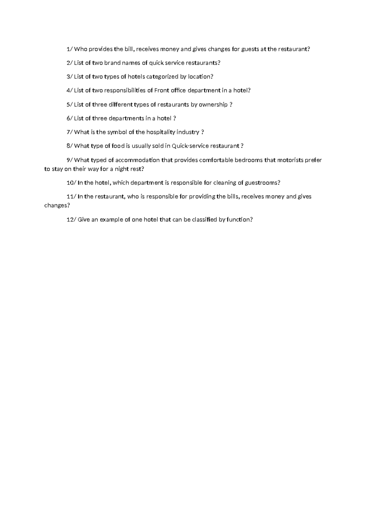 HOSP101 - Quiz Questions on Hospitality Management - Studocu