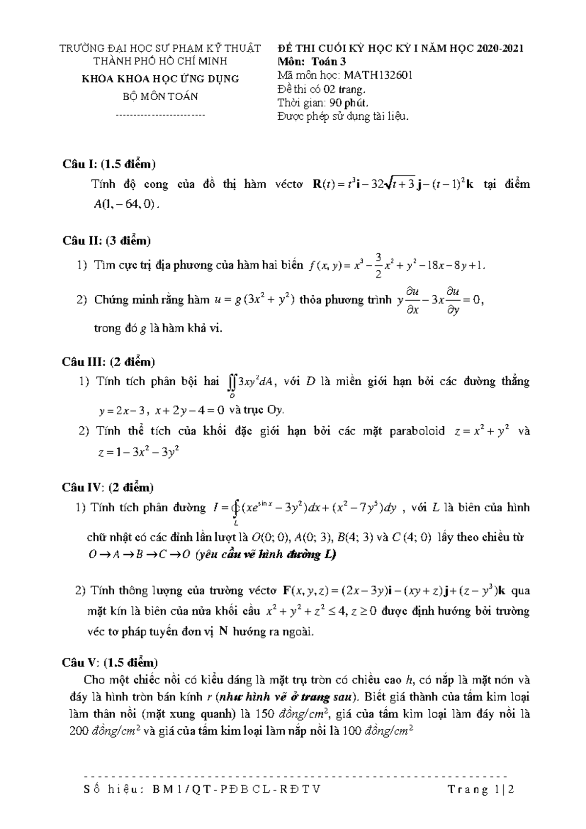 Đề Thi Cuối Kỳ Môn Toán 3 - MATH - Kỳ I Năm Học 2020 - Studocu