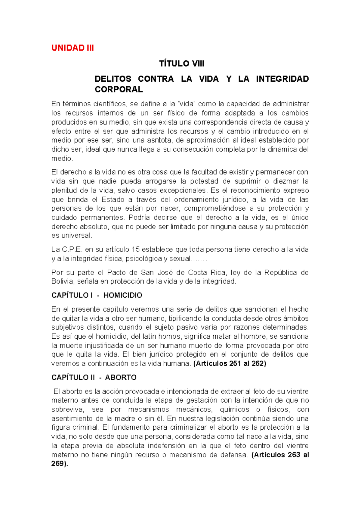 Unidad II: Delitos Contra la Vida y la Integridad Corporal - Studocu