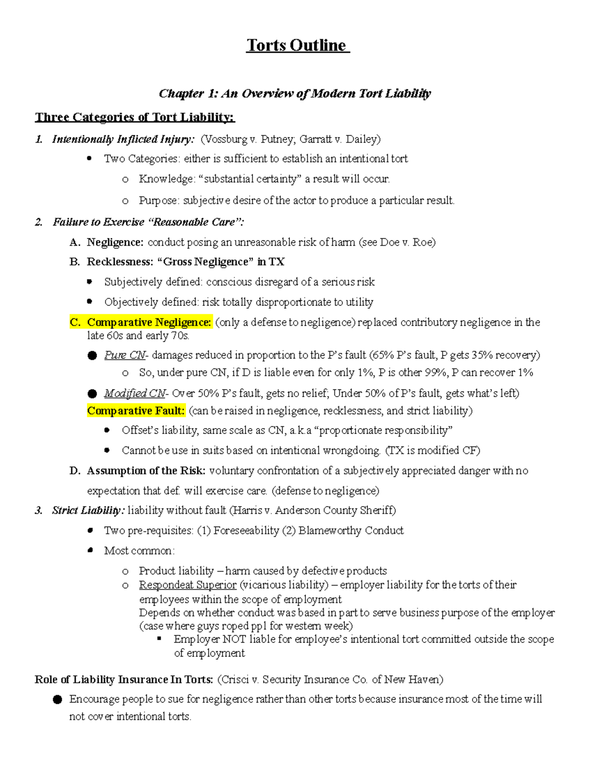 Torts Outline - Key Legal Concepts and Case Summaries - Studocu