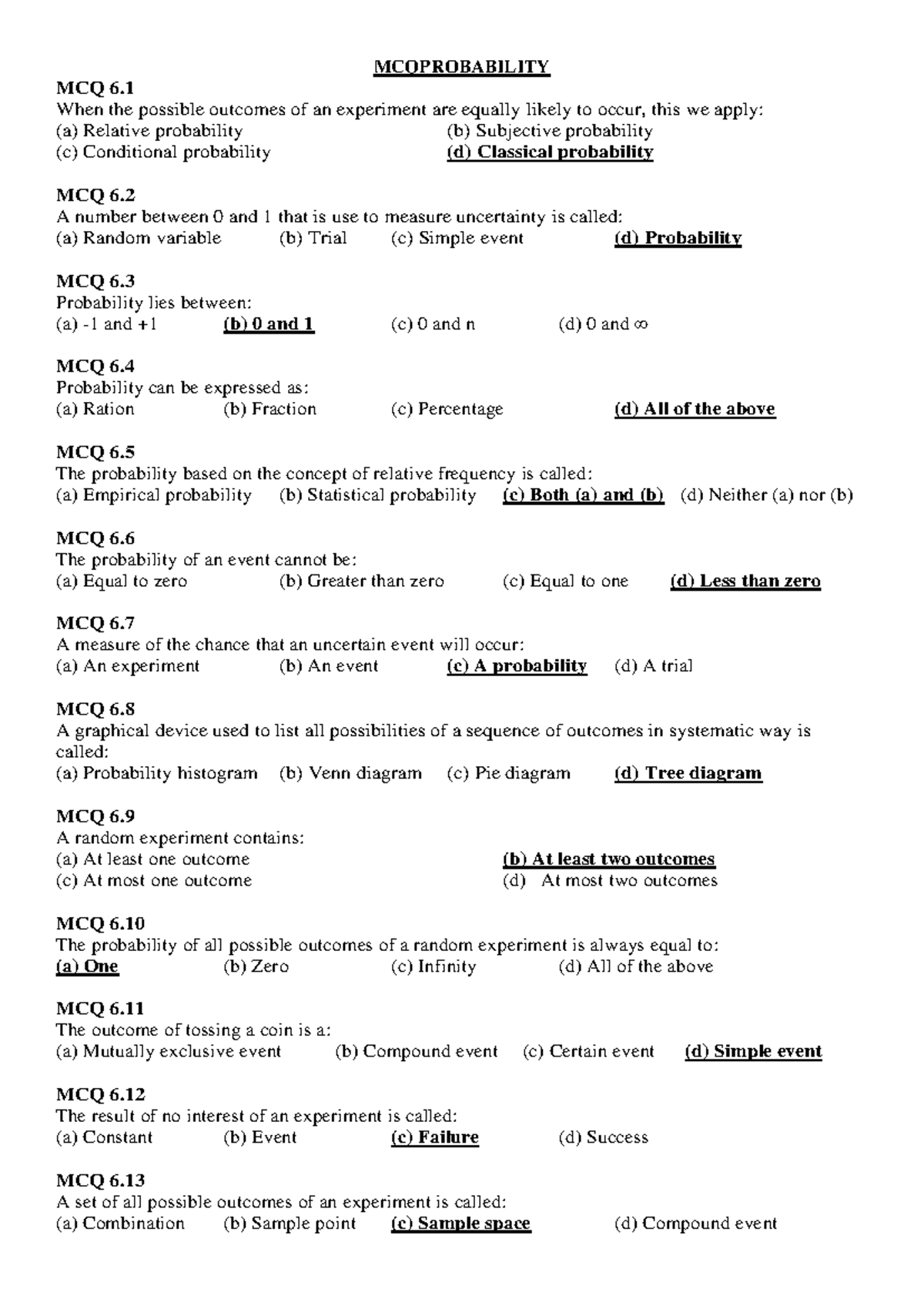 MCQs MTH 302 With Answers - MCQPROBABILITY MCQ 6. When the possible ...