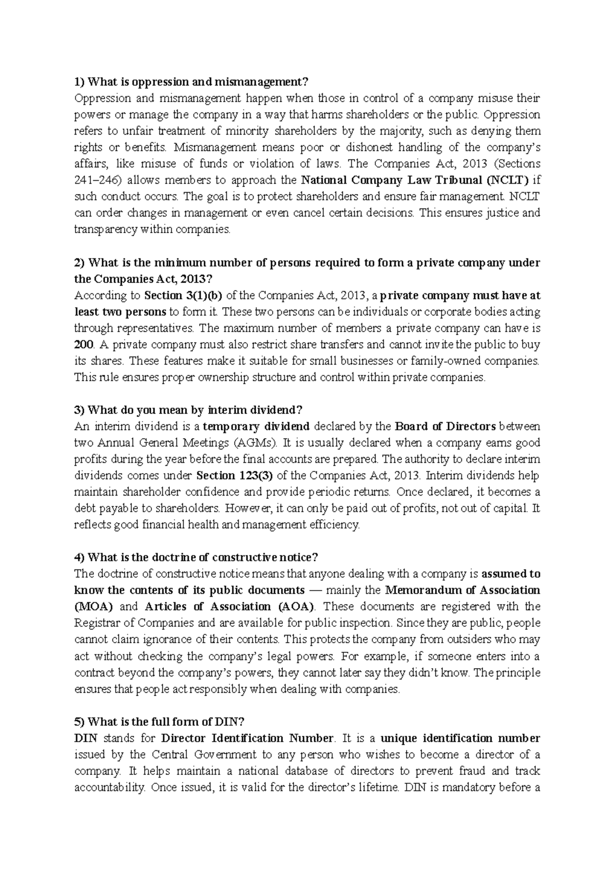 Company LAW Objective Notes: Key Concepts and Provisions - Studocu