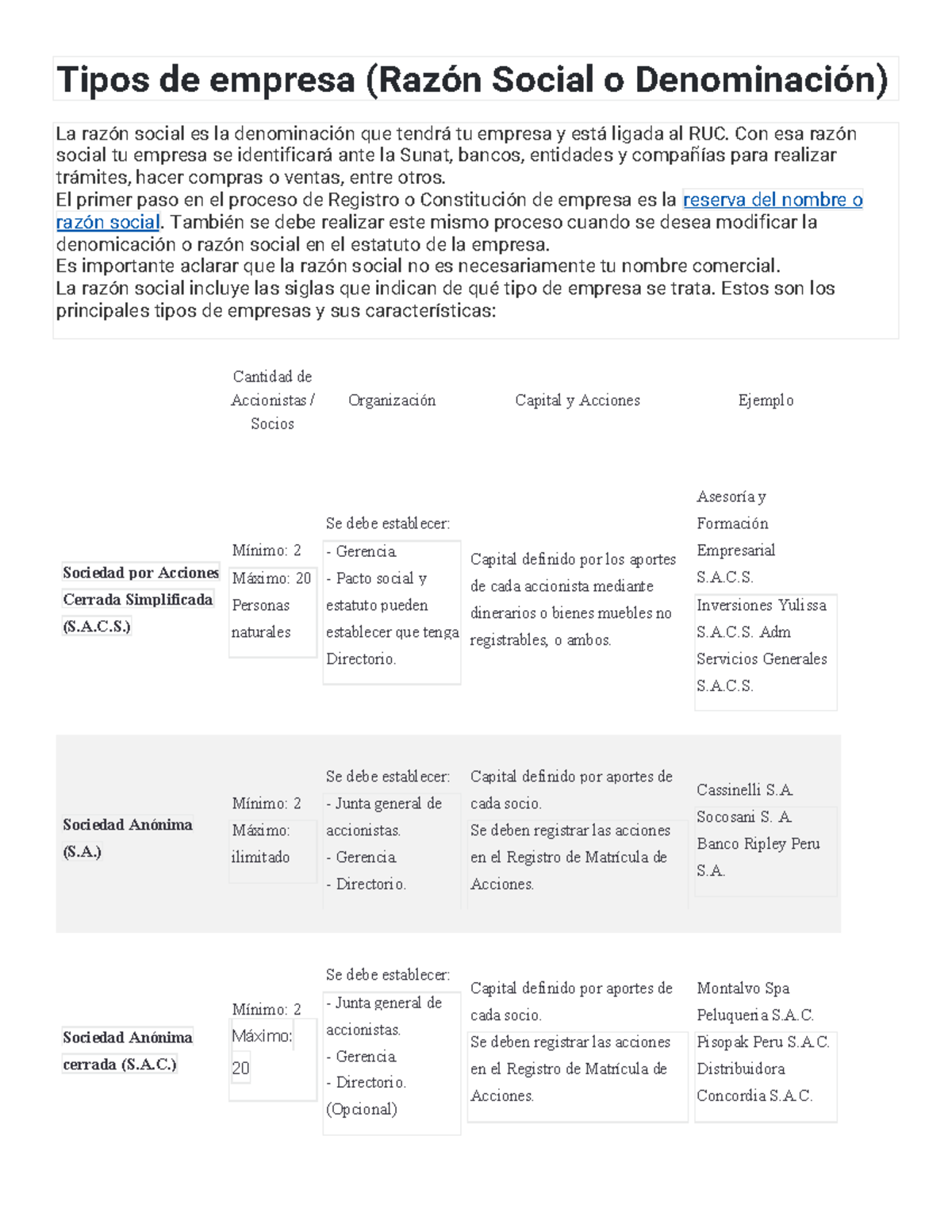 Tipos de Empresa y Razón Social en Perú - SA 4 - Studocu