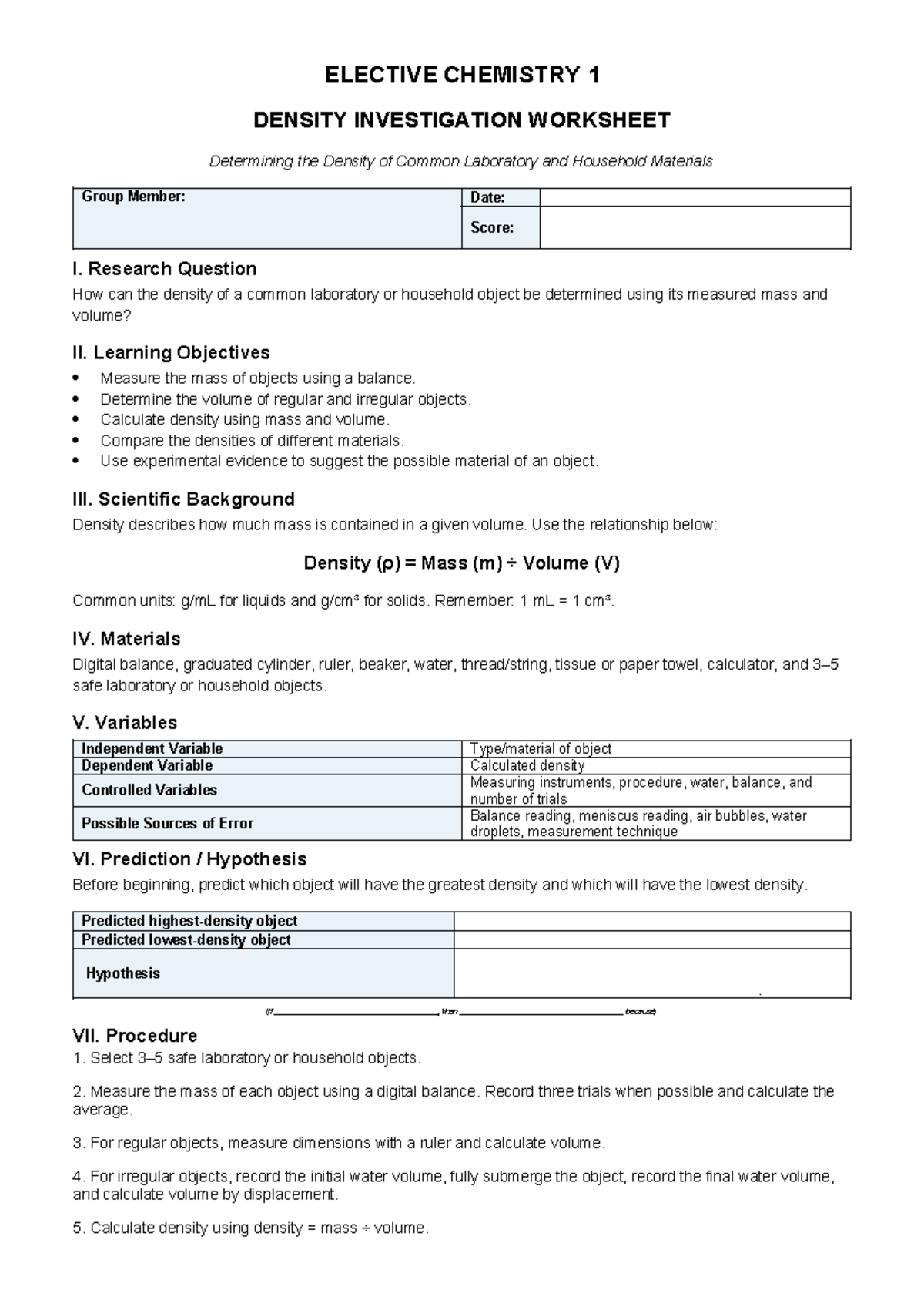 ELECTIVE CHEMISTRY 1 DENSITY INVESTIGATION WORKSHEET - Studocu