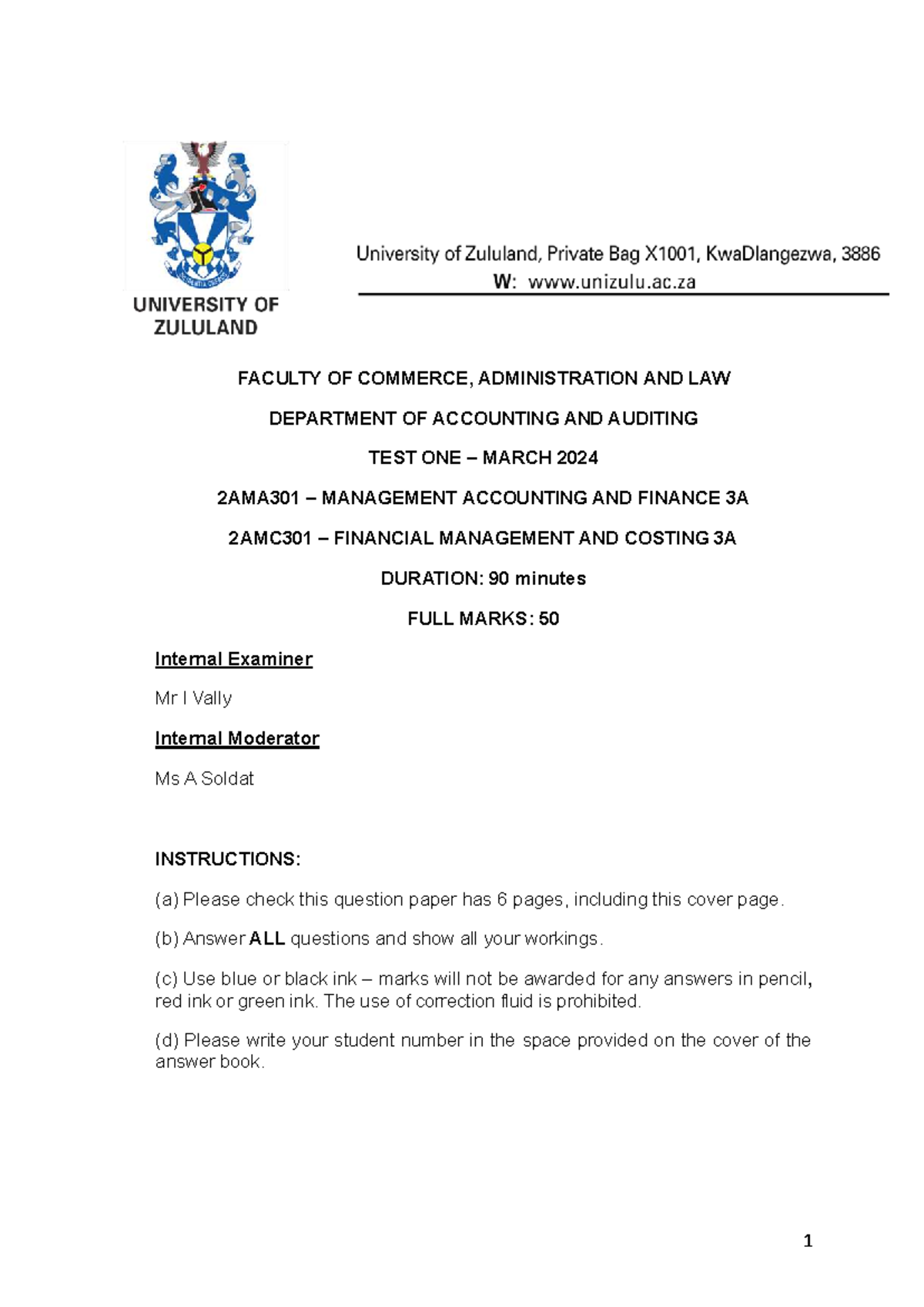 2AMA301 & 2AMC301 Test 1: Management Accounting & Finance - March 2024 ...