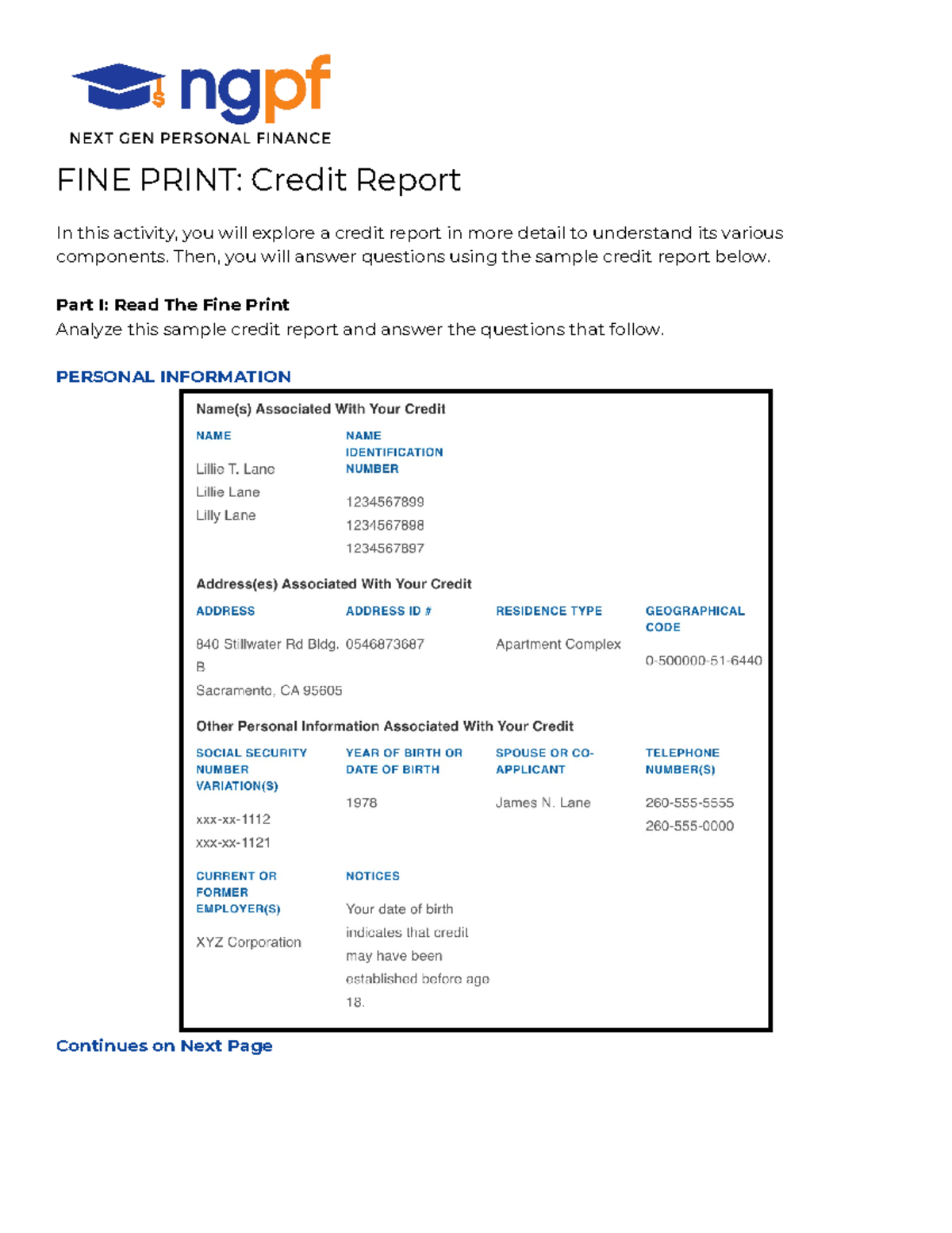 Credit Report - Fine Print - FINE PRINT: Credit Report In this activity ...