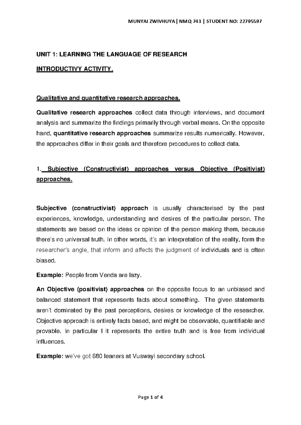 Introductory activity - UNIT 1: LEARNING THE LANGUAGE OF RESEARCH ...