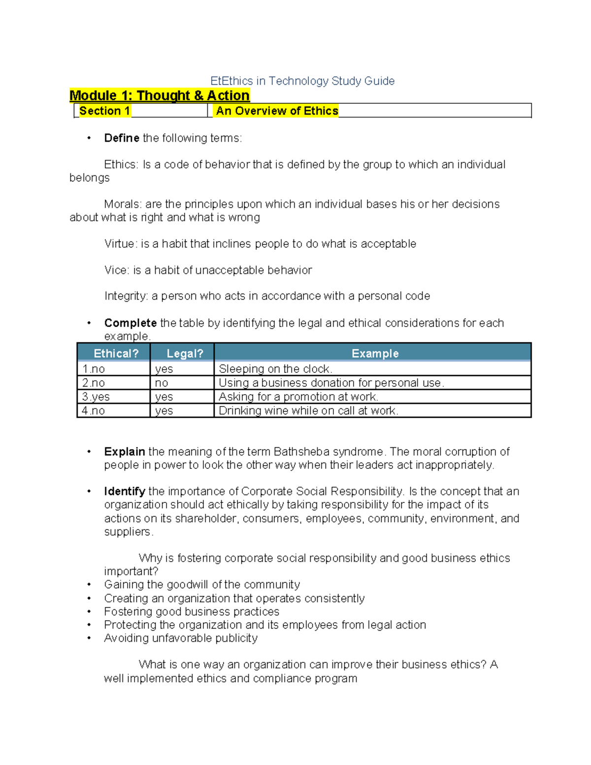 Ethics in Tech - Study Guide - EtEthics in Technology Study Guide ...