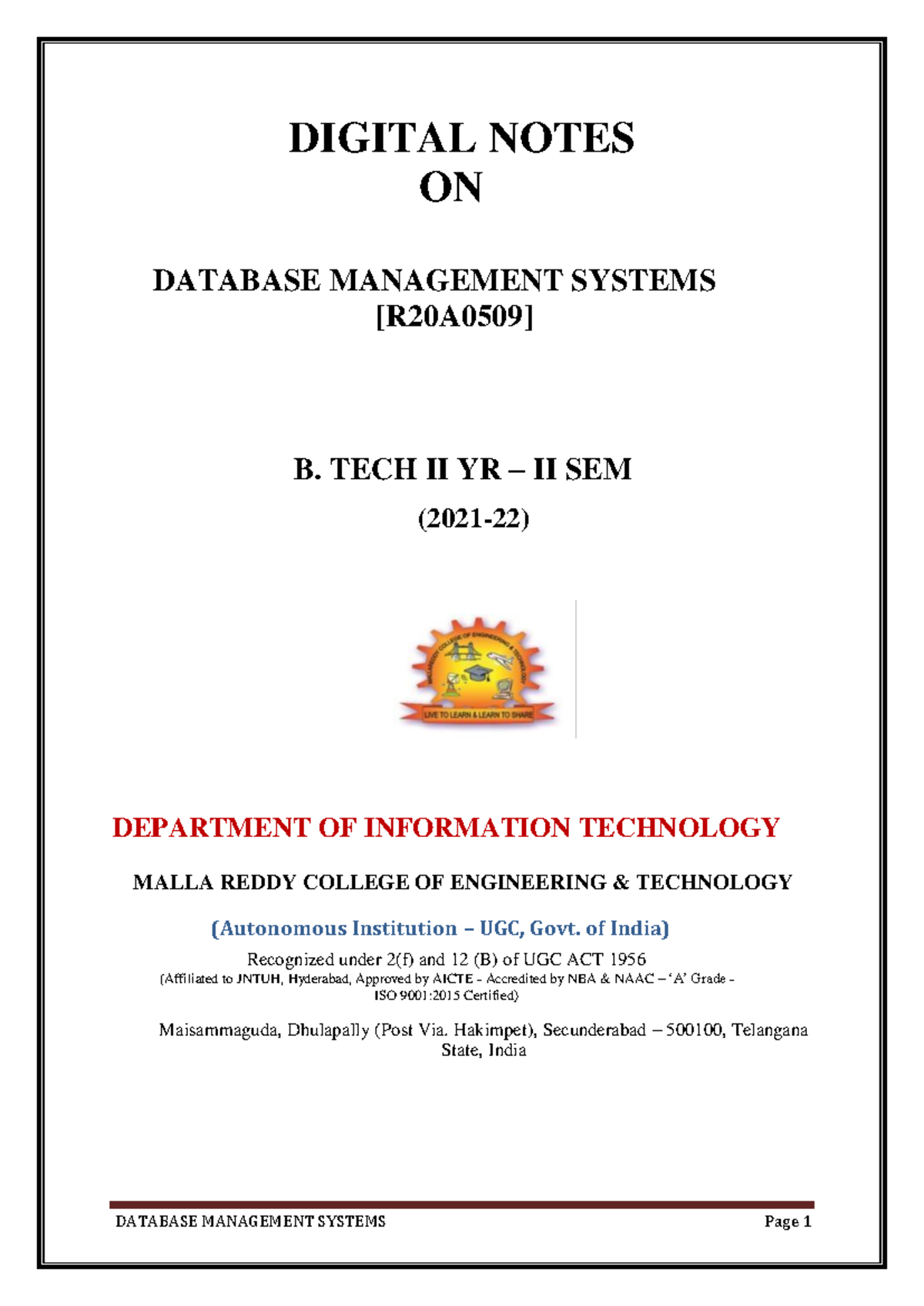Digital Notes on Database Management Systems [R20A0509] - B.Tech II Sem ...