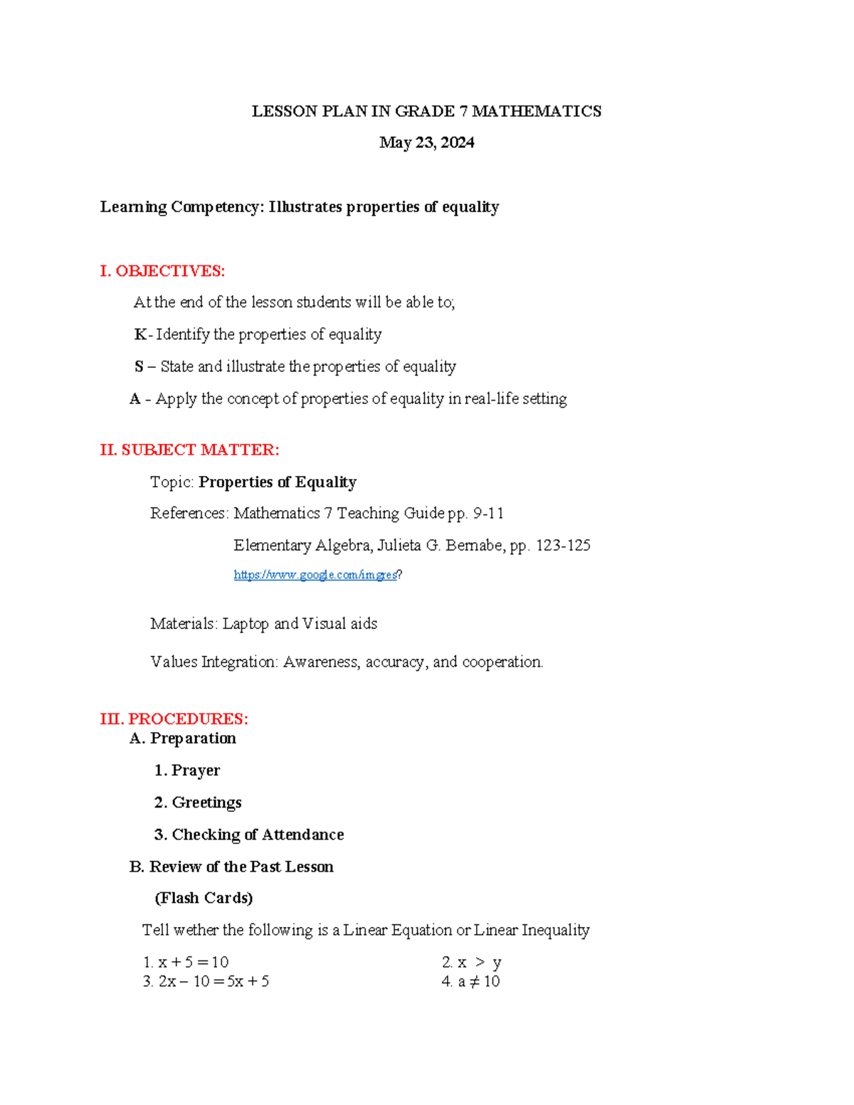 Grade 7 Math Lesson Plan: Properties of Equality (May 23, 2024) - Studocu