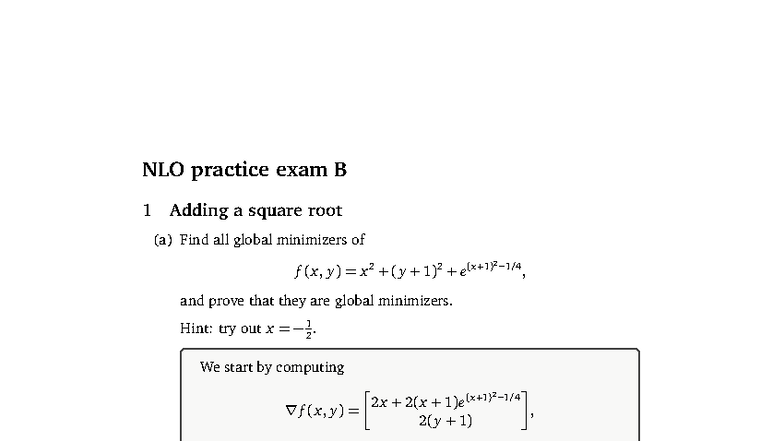 NLO Practice Exam B: Global Minimizers and KKT Conditions - Studeersnel