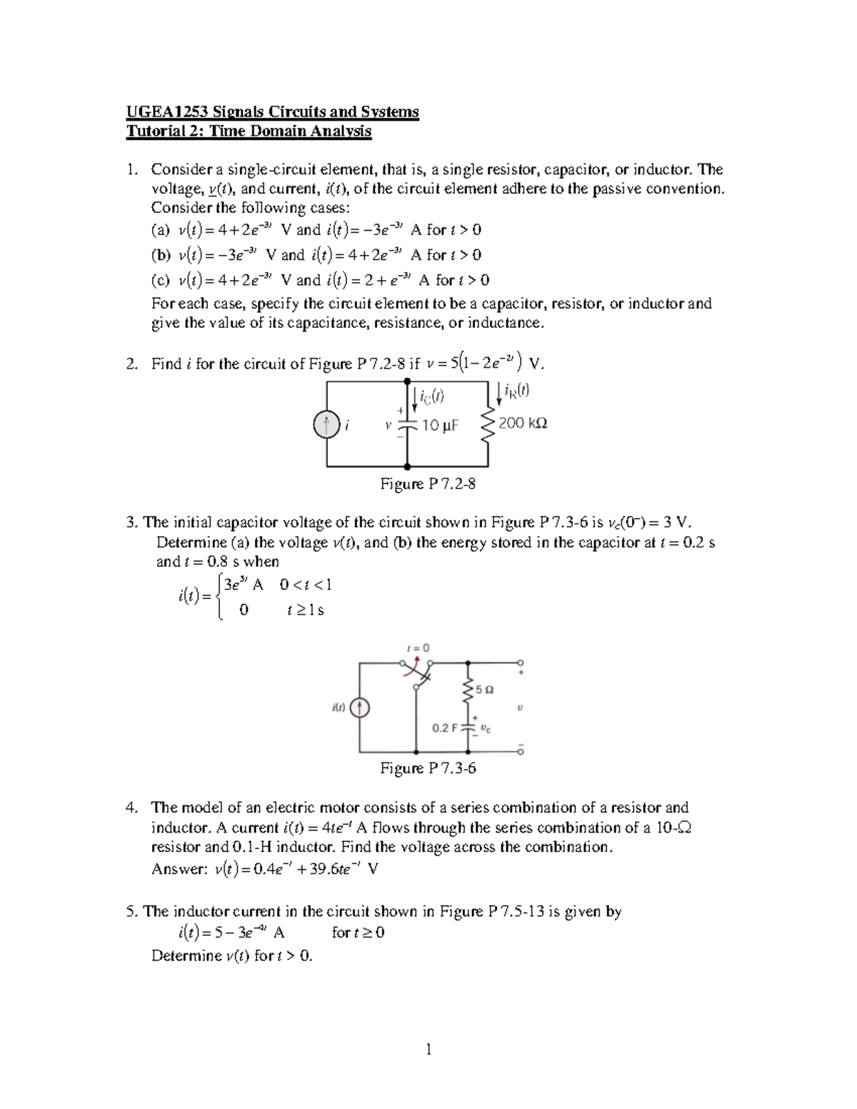 UGEA1253 Signals Circuits & Systems Tutorial 2: Time Domain Analysis ...