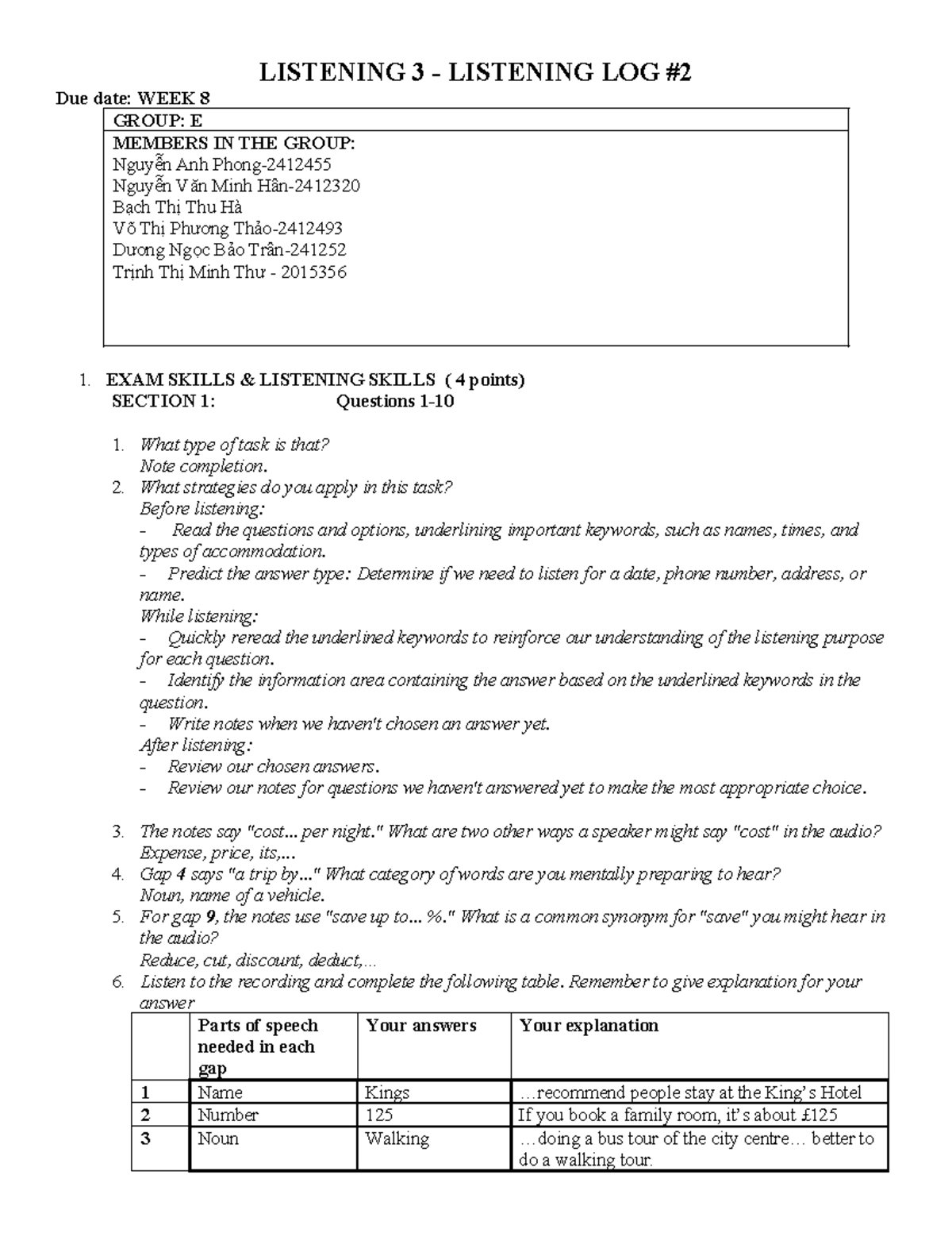 Listening Log 2 - Group E (2015356) - Exam Skills & Strategies - Studocu