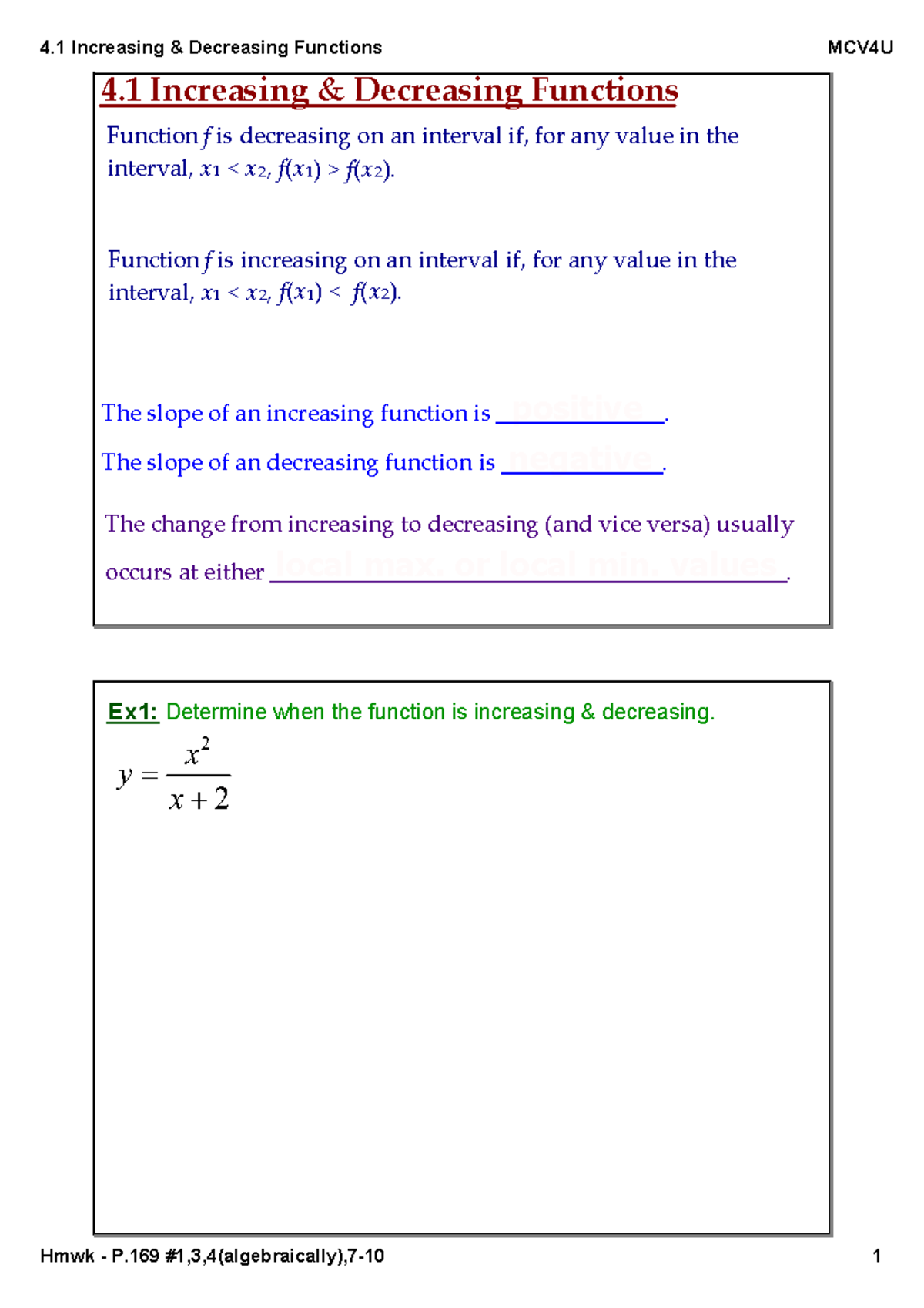 MCV4U - Increasing & Decreasing Functions Worksheet - Studocu