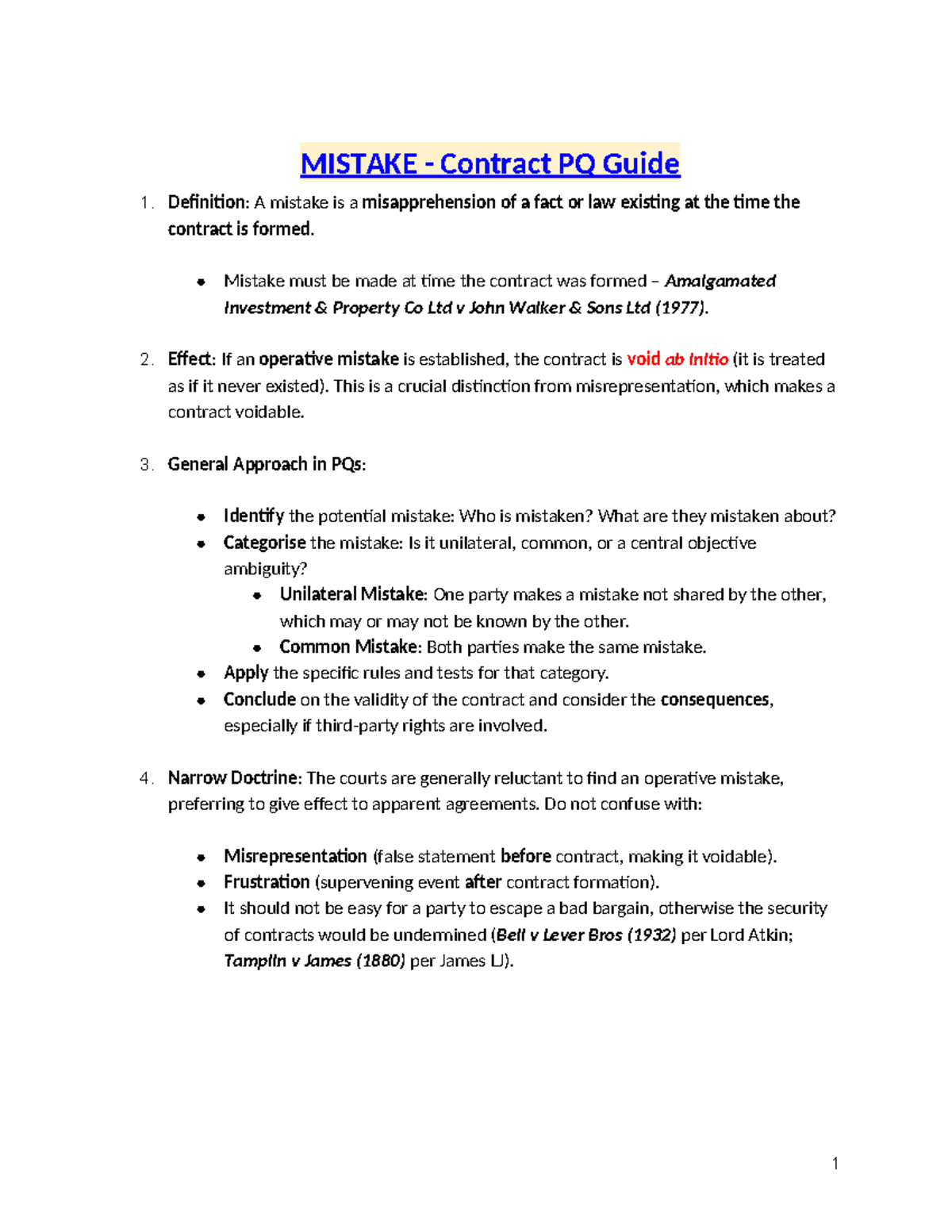 MISTAKE Contract PQ Guide: Understanding Mistakes in Contracts - Studocu