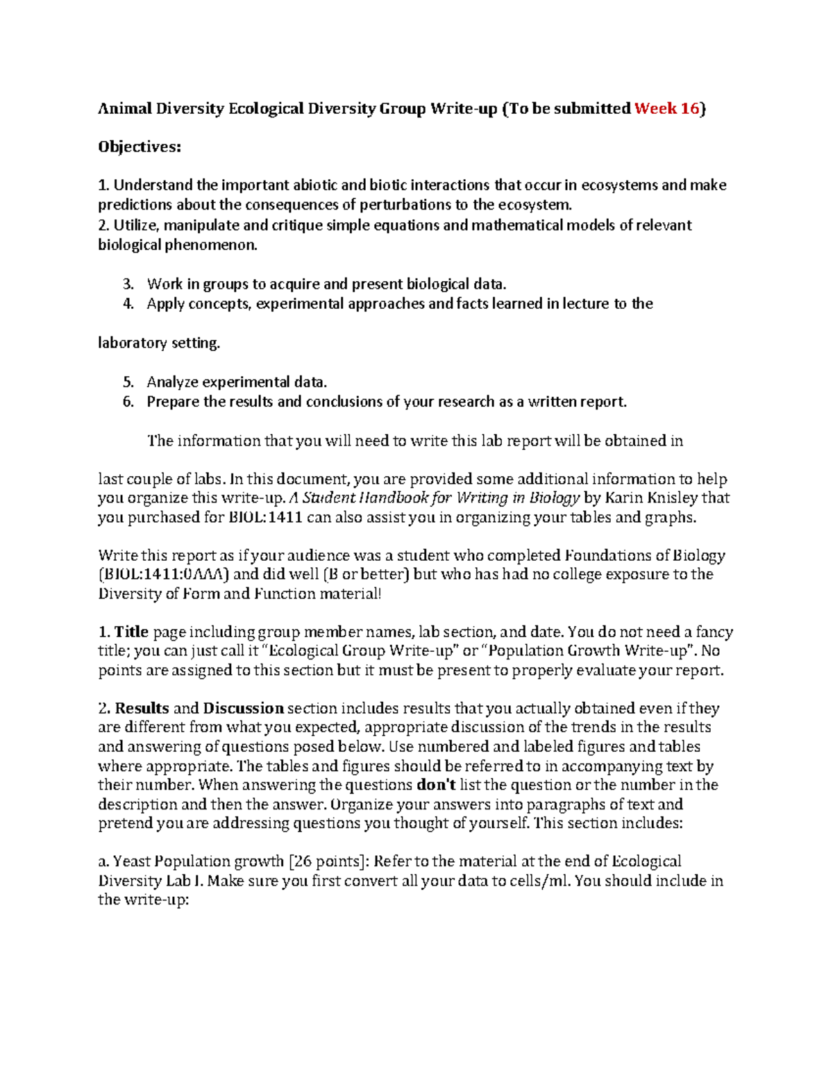 Ecology Group Write-up Guidelines for BIOL:1411 Lab FA23 - Studocu