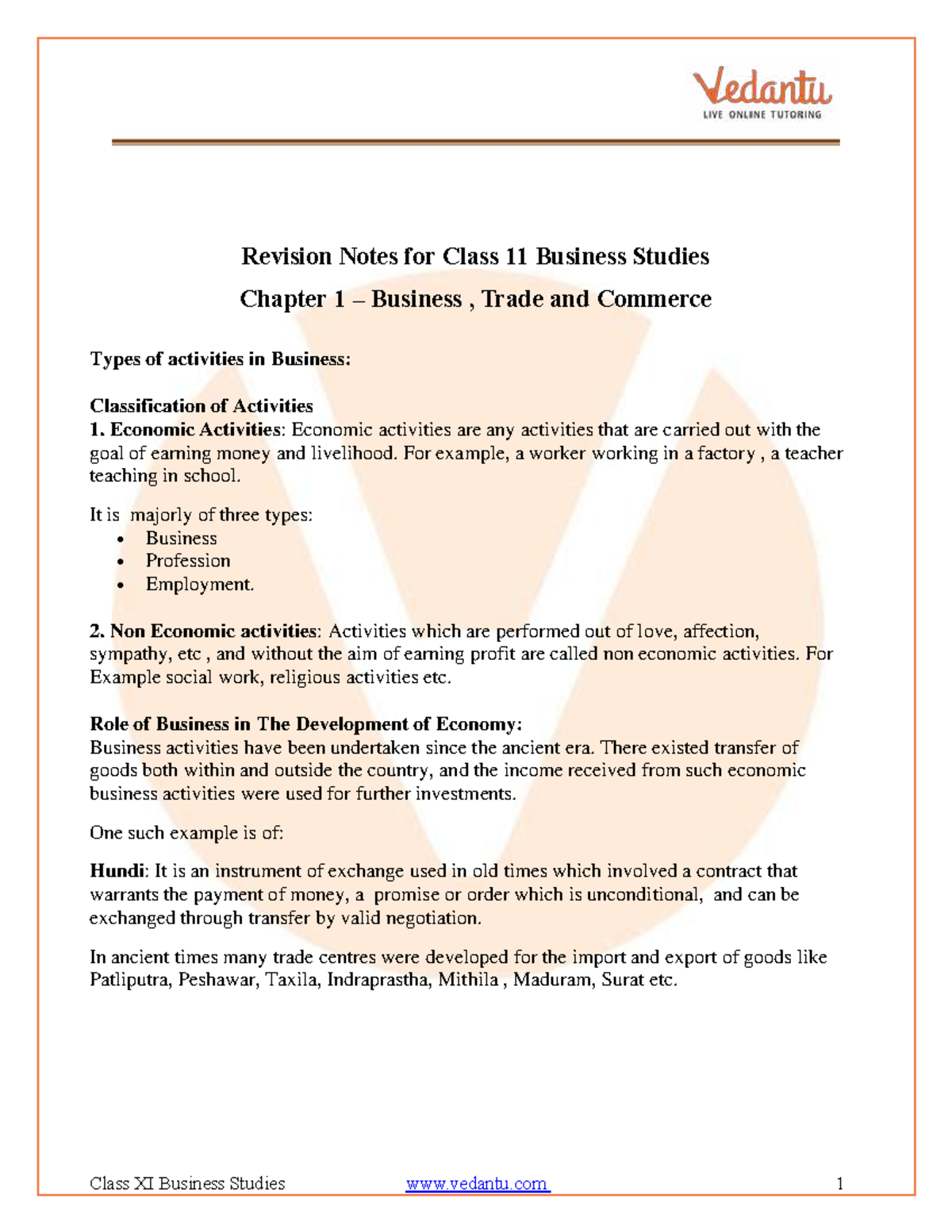 CBSE Class 11 Business Studies Notes: Chapter 1 - Business, Trade ...
