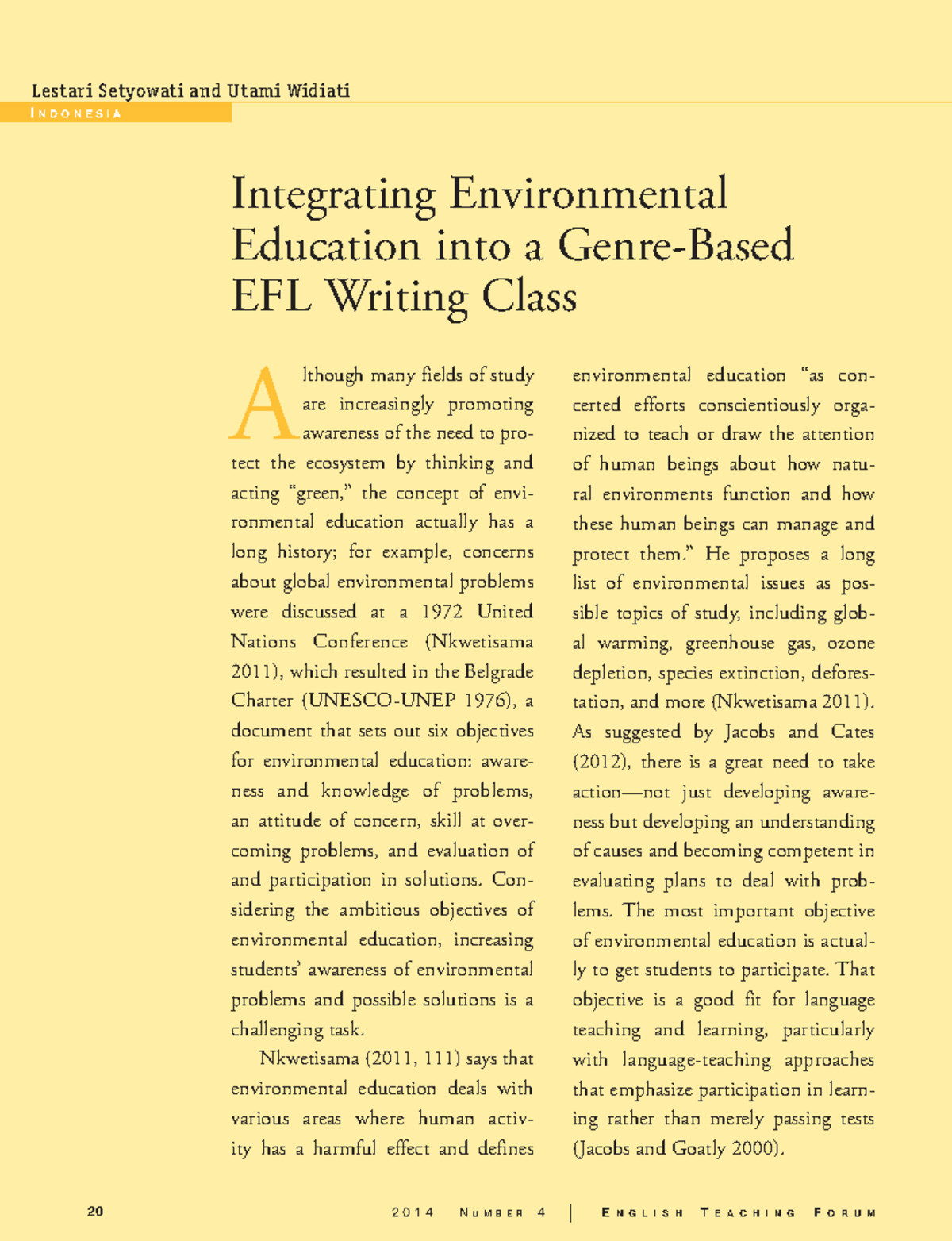 Integrating Environmental Education in EFL Writing Class (ETForum ...