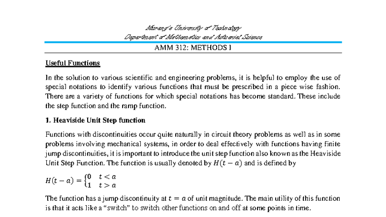 AMM 312: Methods I - Key Functions and Laplace Transforms - Studocu