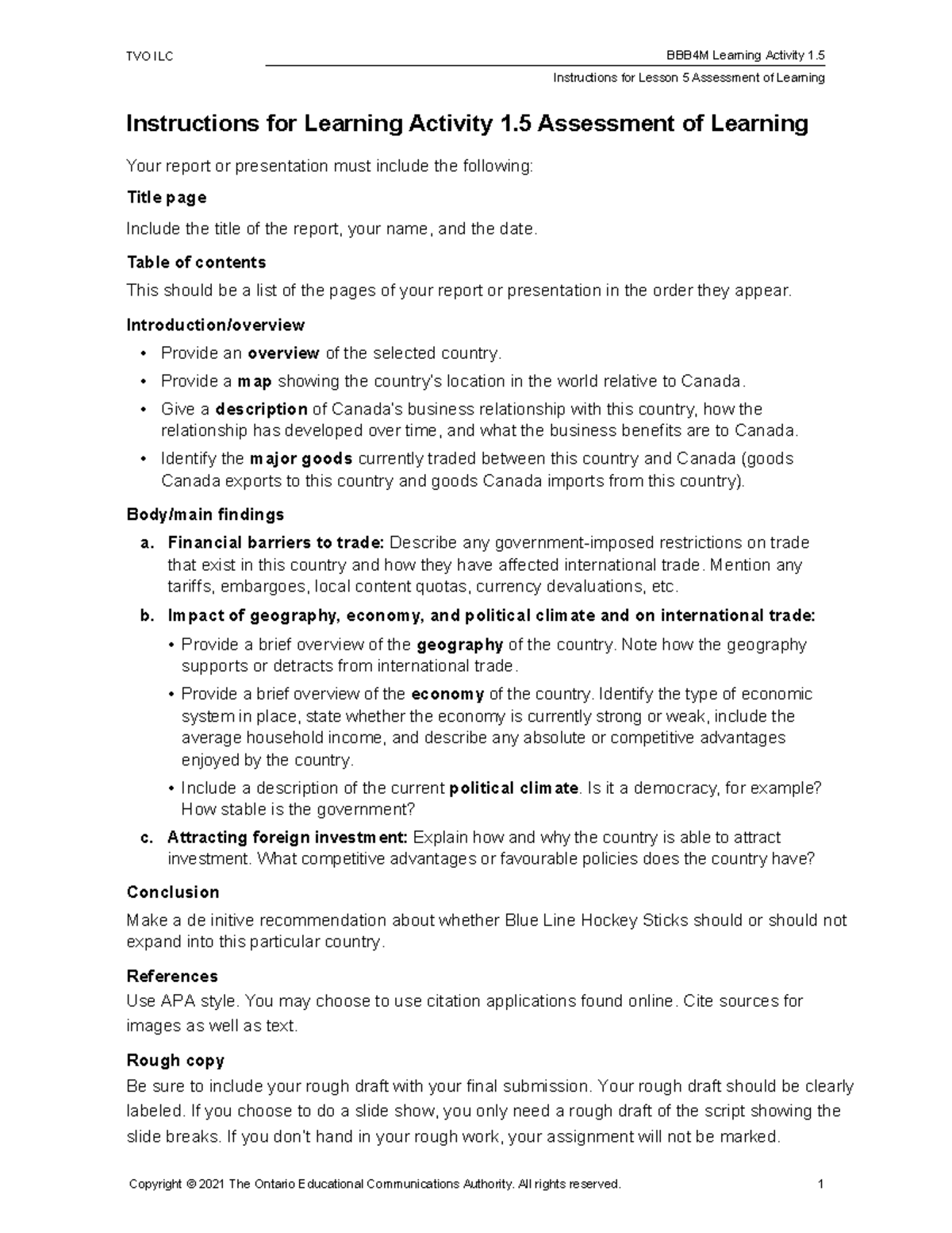 TVO ILC Lesson 5: Learning Activity 1.5 Assessment Instructions - Studocu