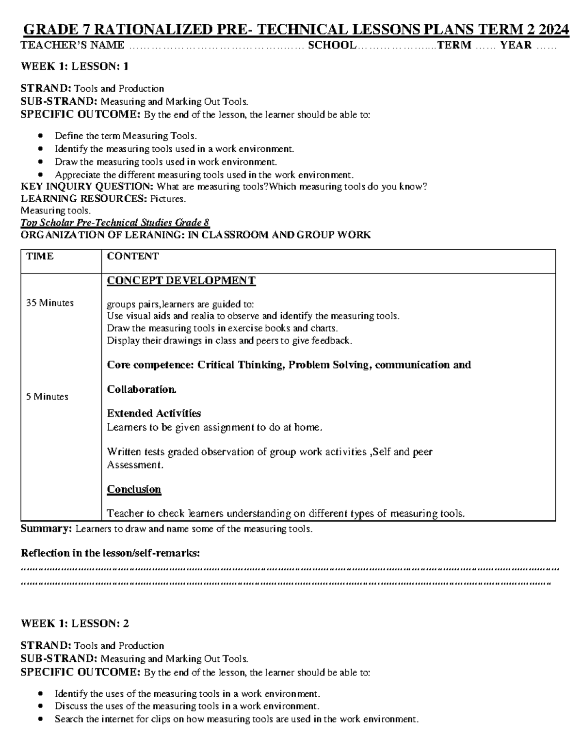 GRADE 7 TERM 2 PRE-TECH LESSON PLANS: MEASURING & MARKING TOOLS - Studocu