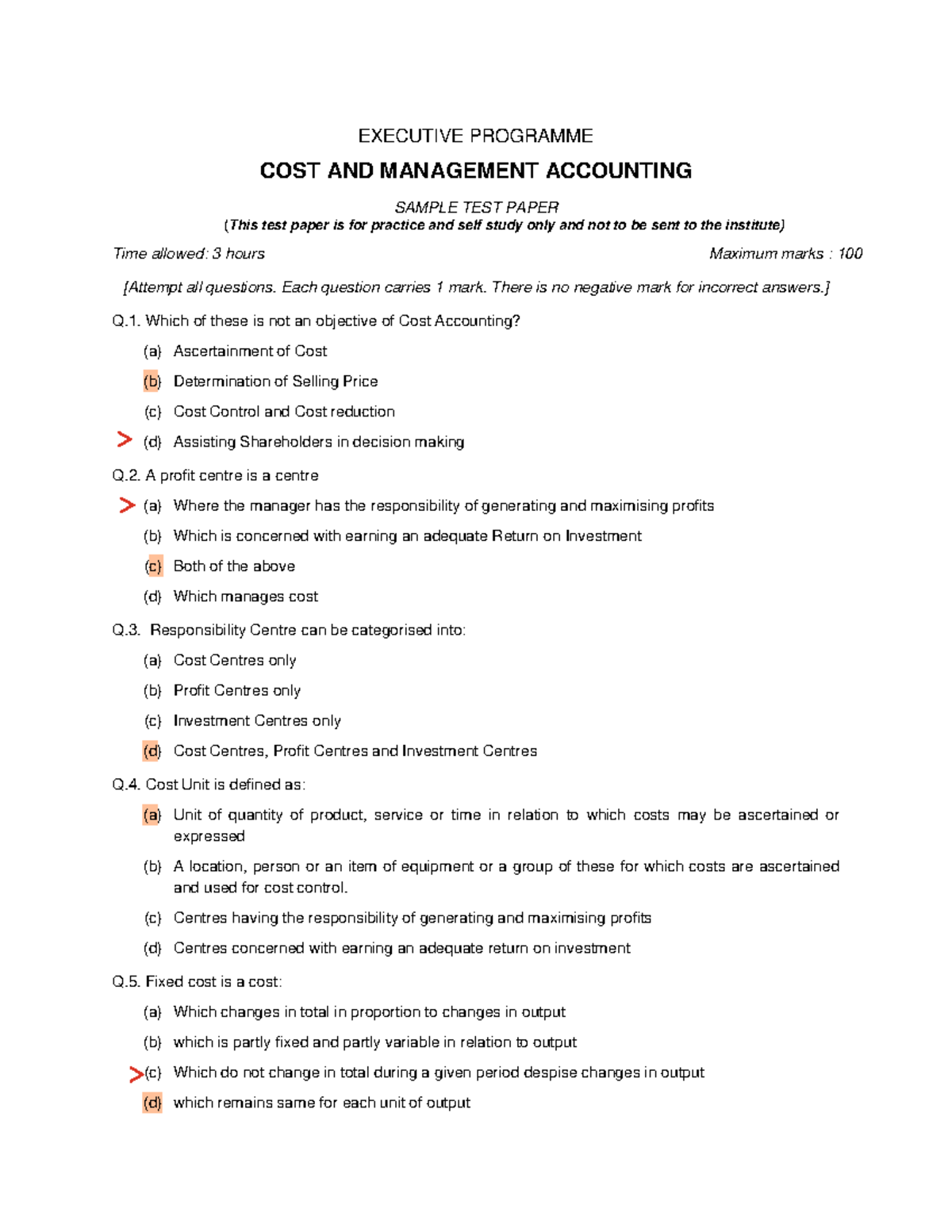 CMA-MCQ 100: Cost & Management Accounting Sample Test Paper - Studocu