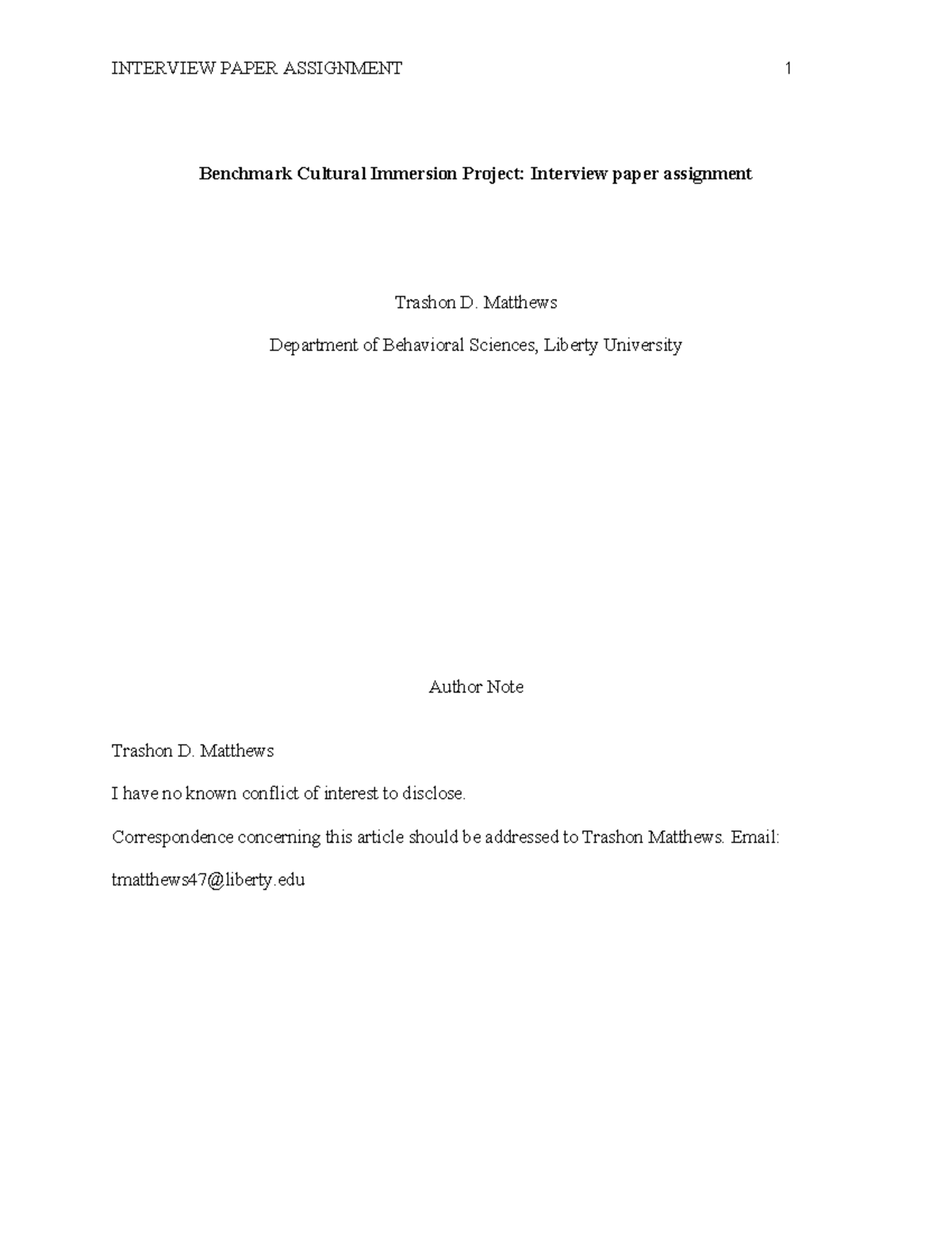 Benchmark Cultural Immersion Project: Interview Paper Assignment 2 ...