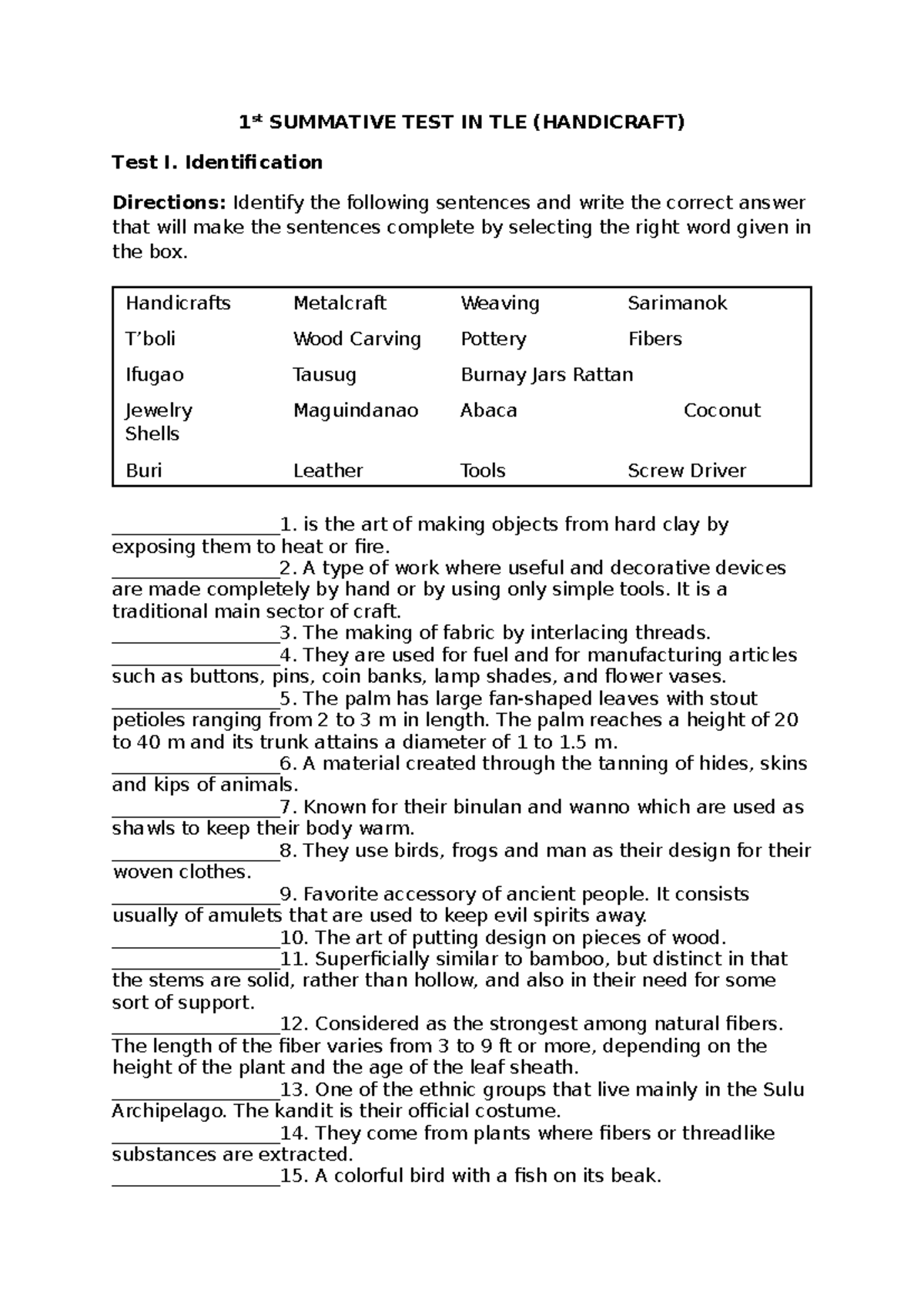 1st Summative Test in TLE (Handicraft) - Identification Questions - Studocu