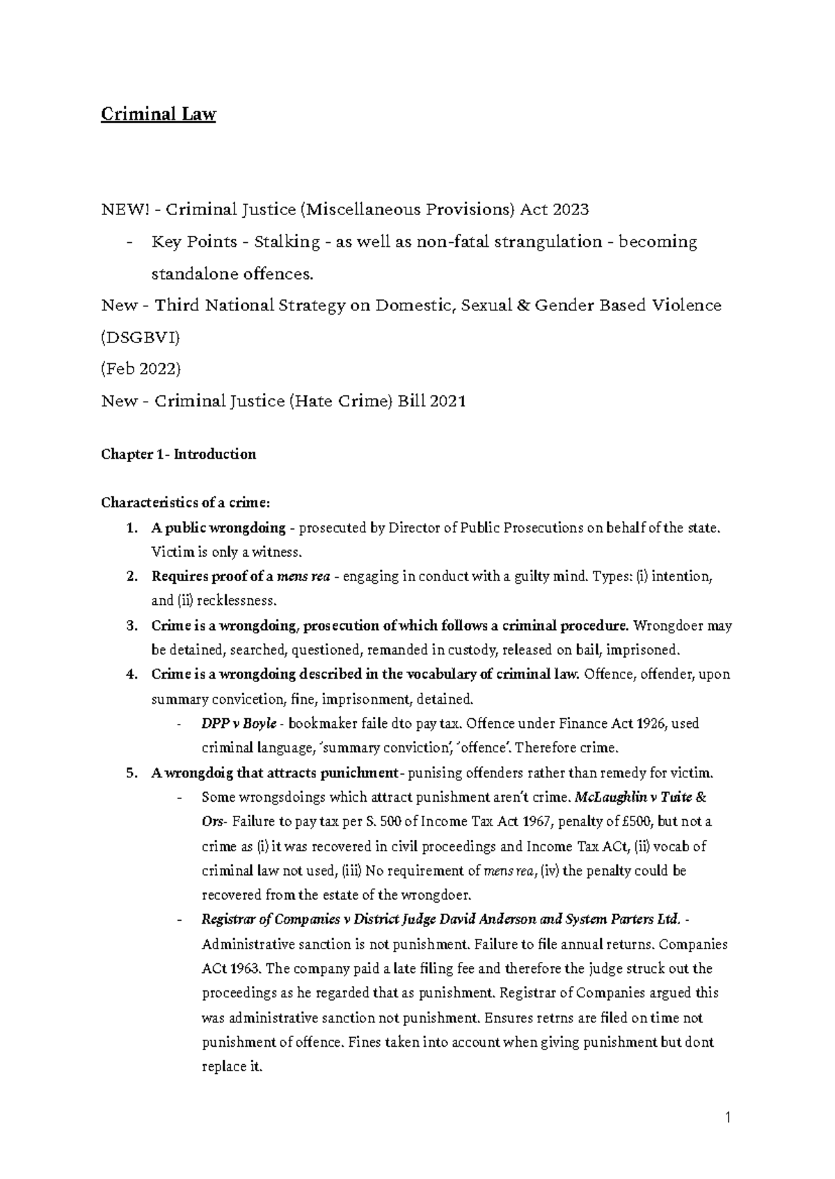 FE1 Criminal Law - Key Points on Offences and Legal Principles - Studocu