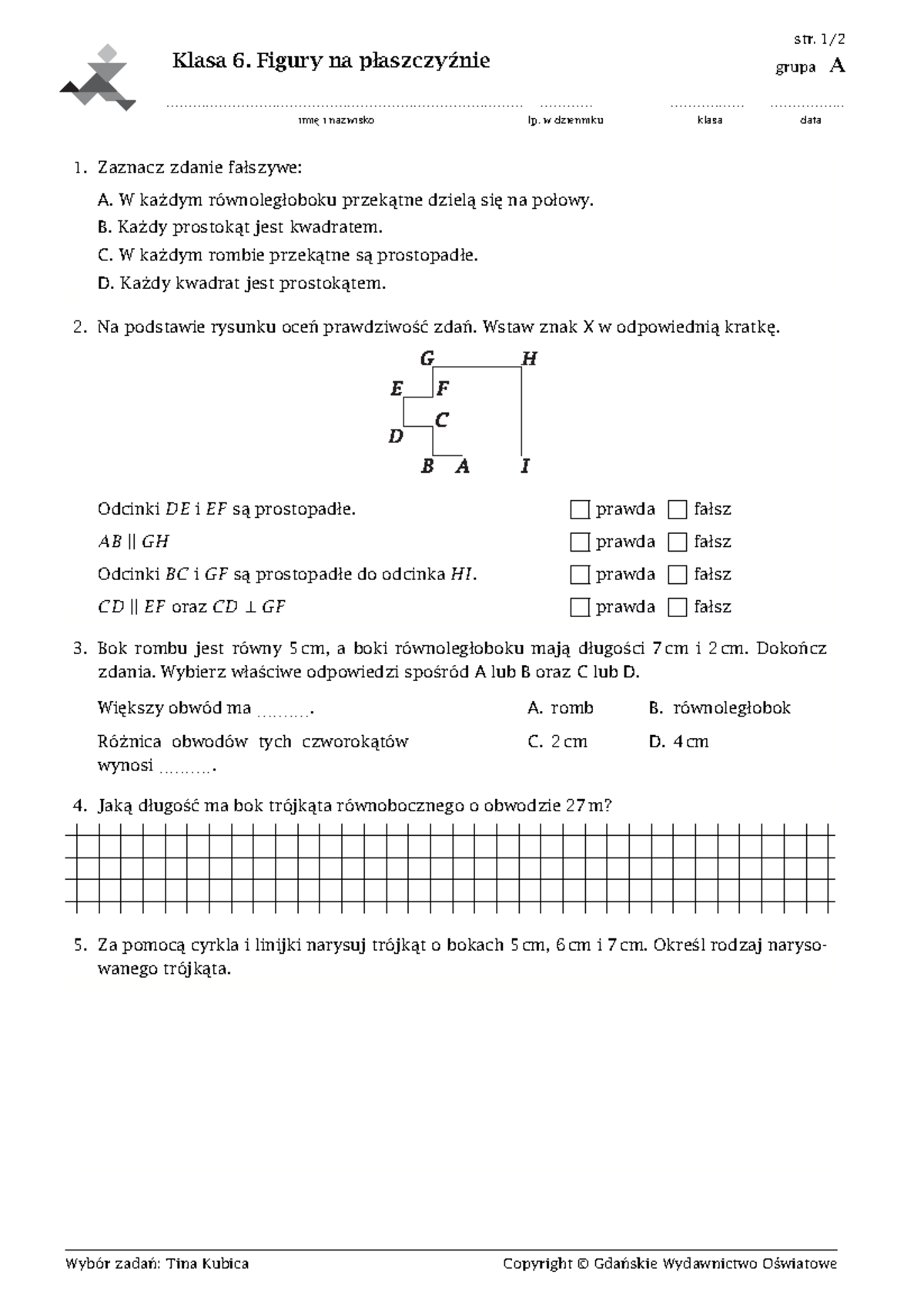 Własności Figur Płaskich Sprawdzian Klasa 6 Matematyka Wokół Nas www.studocu.com