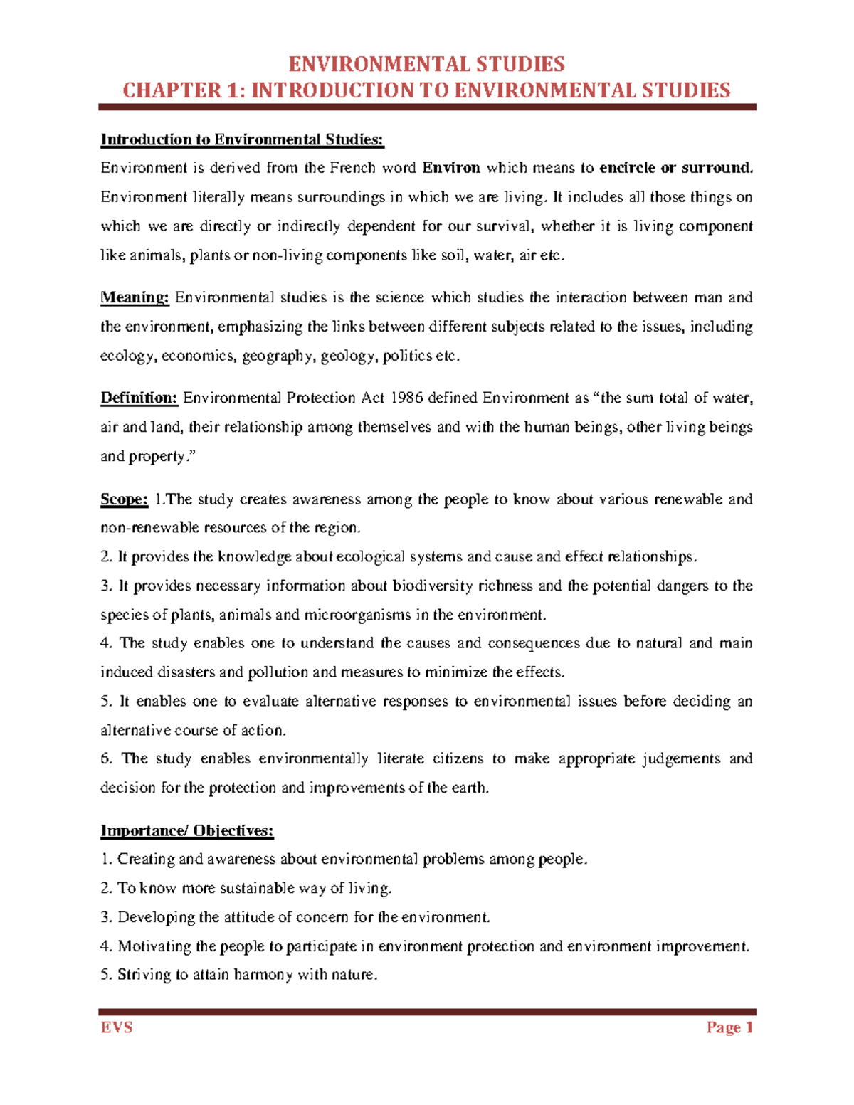 EVS B.Com Chapter 1: Intro to Environmental Studies Notes - Studocu