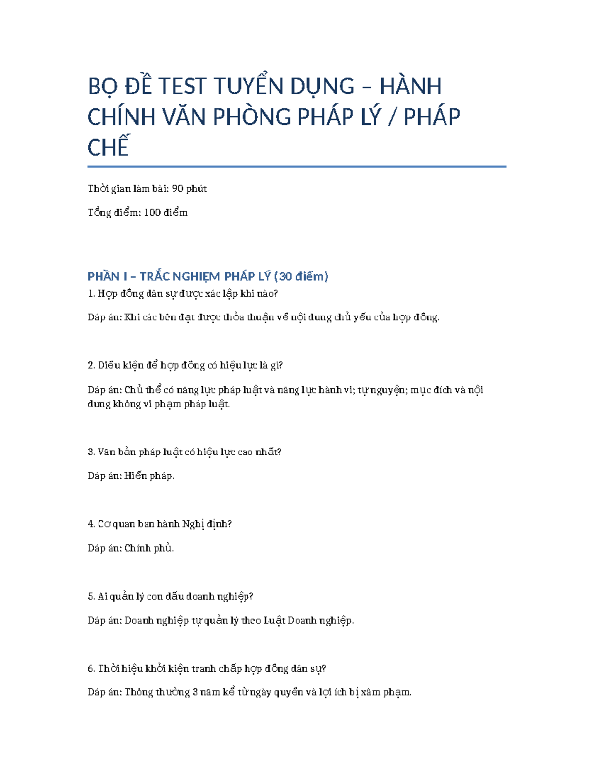 BỘ ĐỀ TEST TUYỂN DỤNG HÀNH CHÍNH VĂN PHÒNG PHÁP LÝ - 90 PHÚT - Studocu
