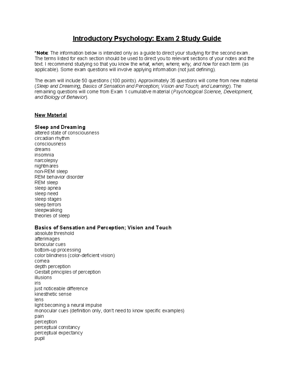 PSY 101: Comprehensive Exam 2 Study Guide for Introductory Psychology ...