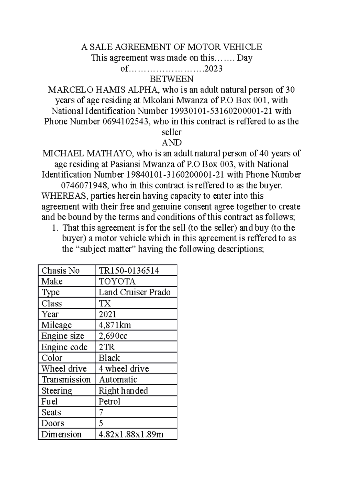Motor Vehicle Sale Agreement - Toyota Land Cruiser Prado 2021 - Studocu