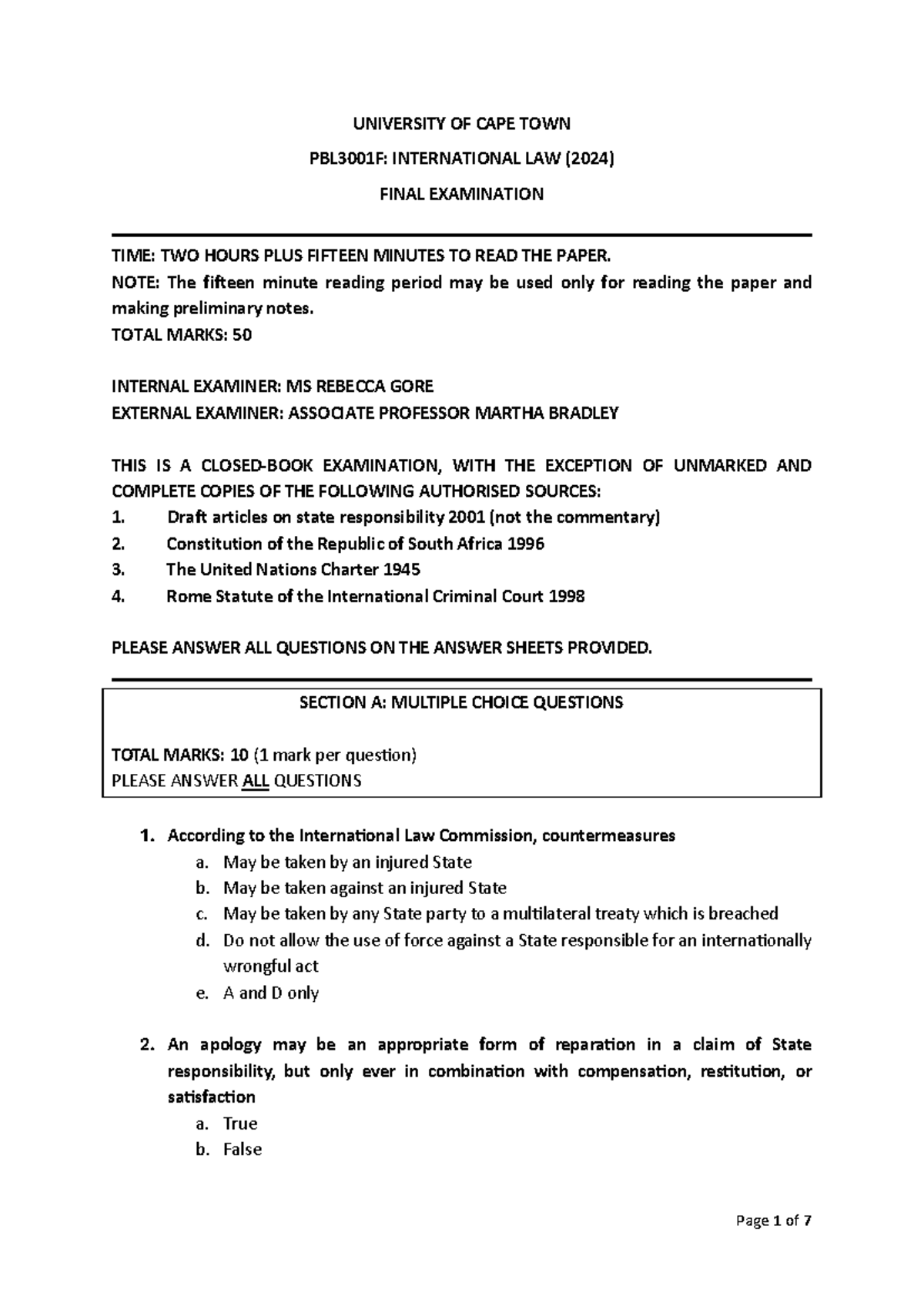 PBL3001F: International Law Final Exam - June 2024 Insights - Studocu