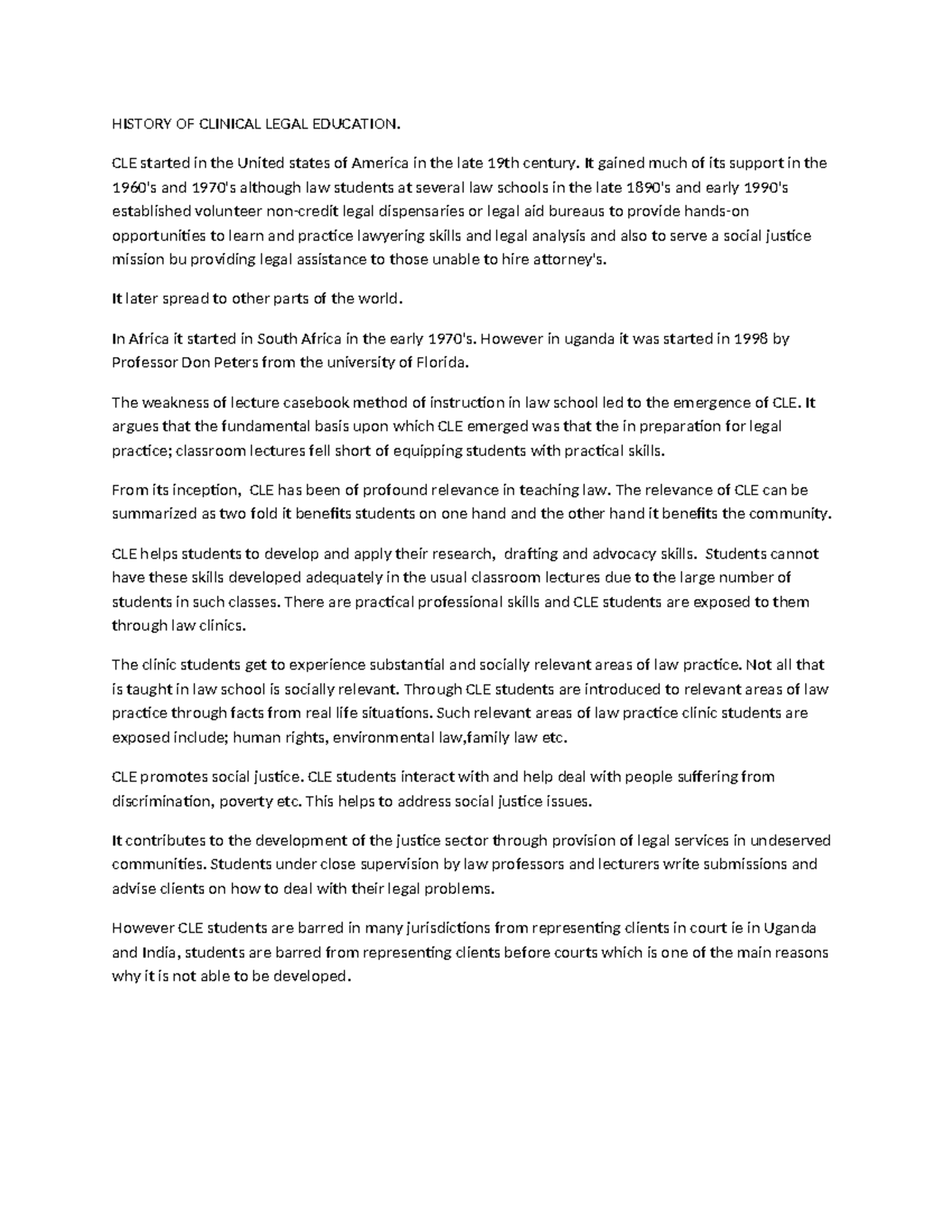History of Clinical Legal Education (CLE) - Impact and Relevance - Studocu