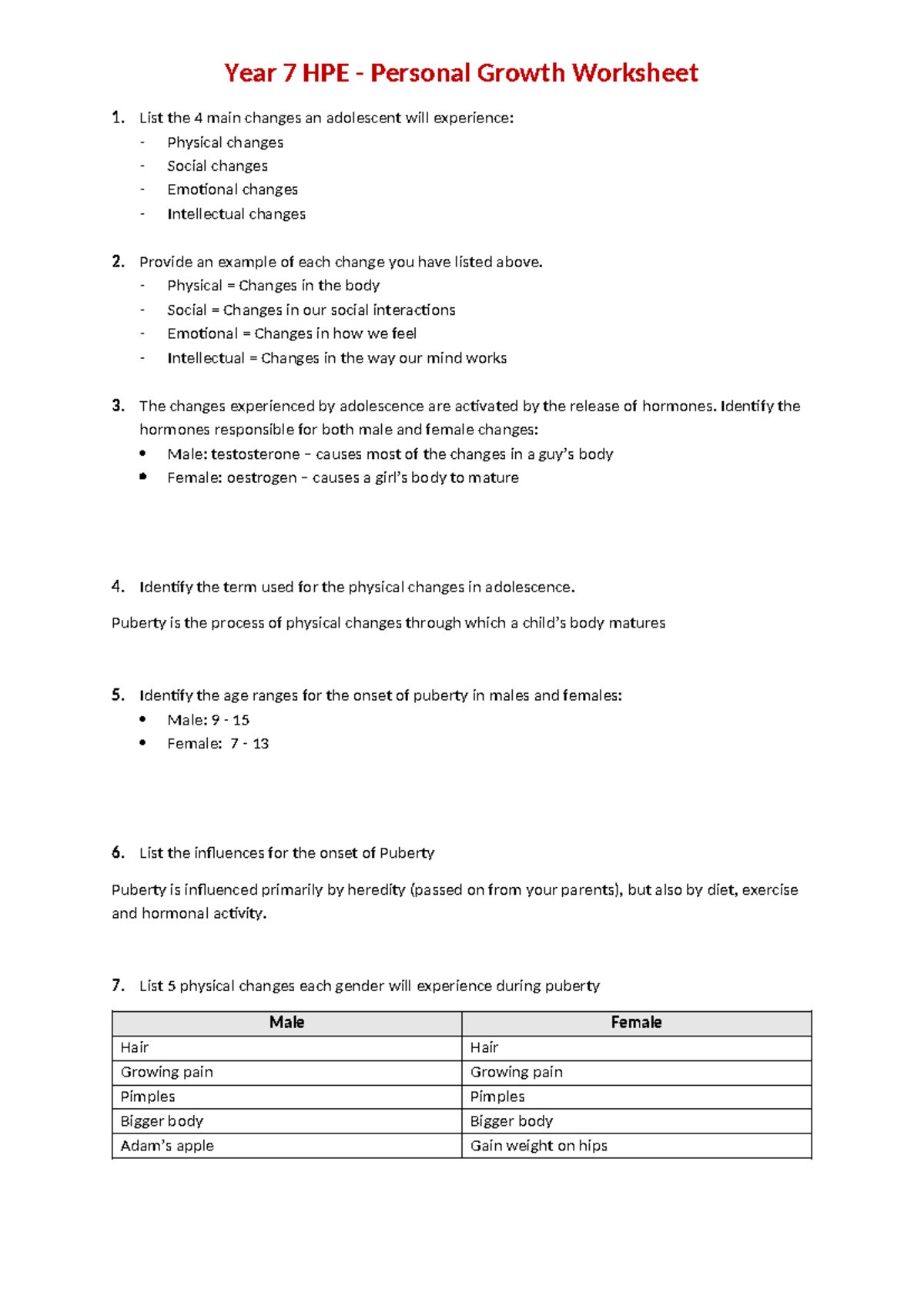 Year 7 HPE: Personal Growth & Changes During Adolescence Worksheet ...