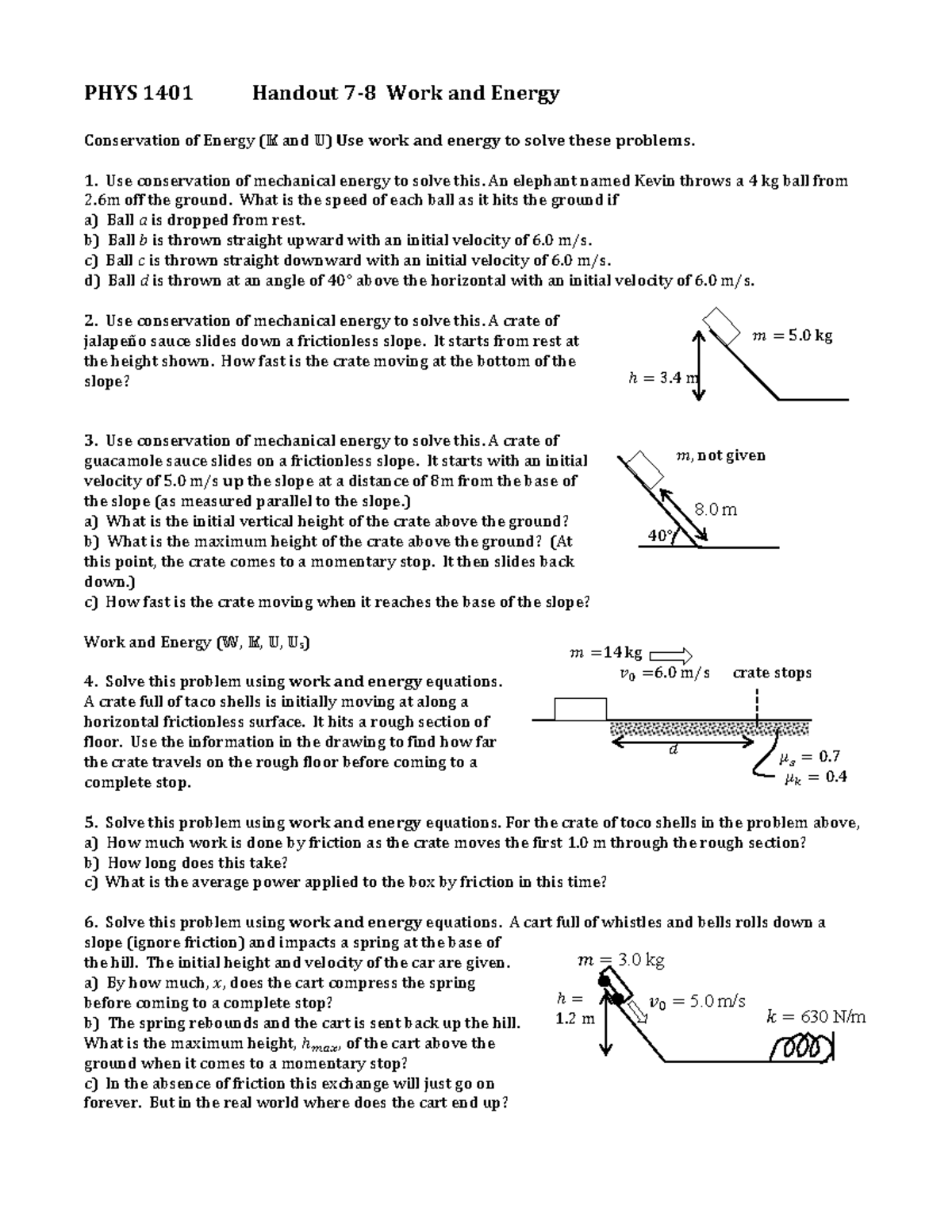 PHYS 1401 Final Exam Handout: Work and Energy Problems - Studocu