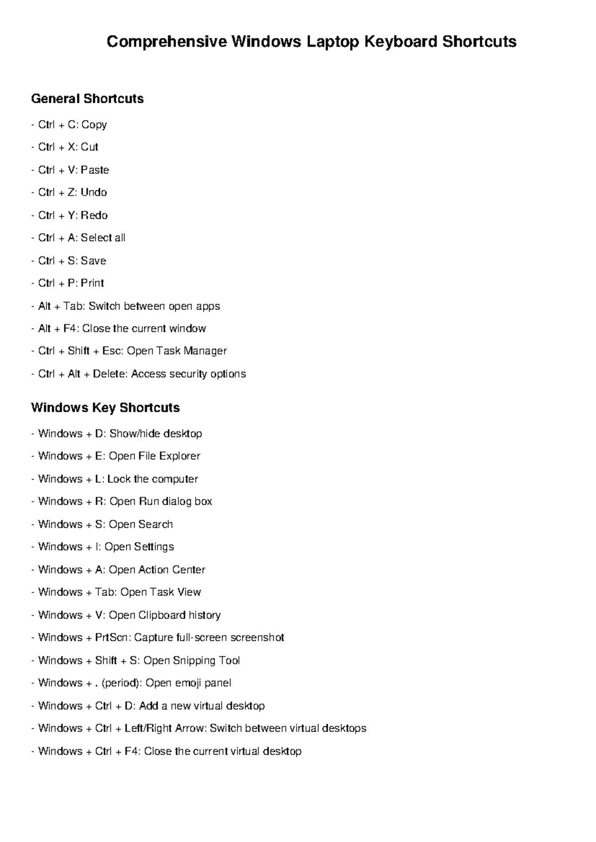 Windows Laptop Shortcuts Guide: Comprehensive Key Combinations - Studocu