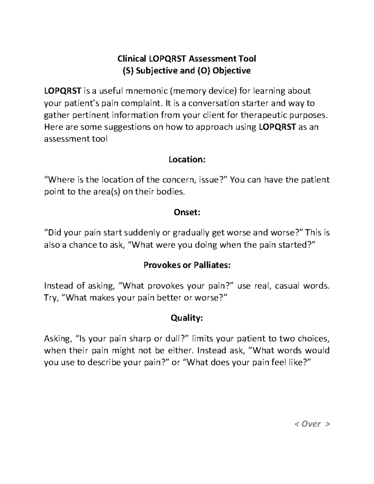 Clinical LOPQRST Assessment Tool: Subjective & Objective Insights - Studocu