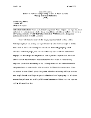BMES 124 Reflection 1 - alsdnaod - Drexel University School of ...