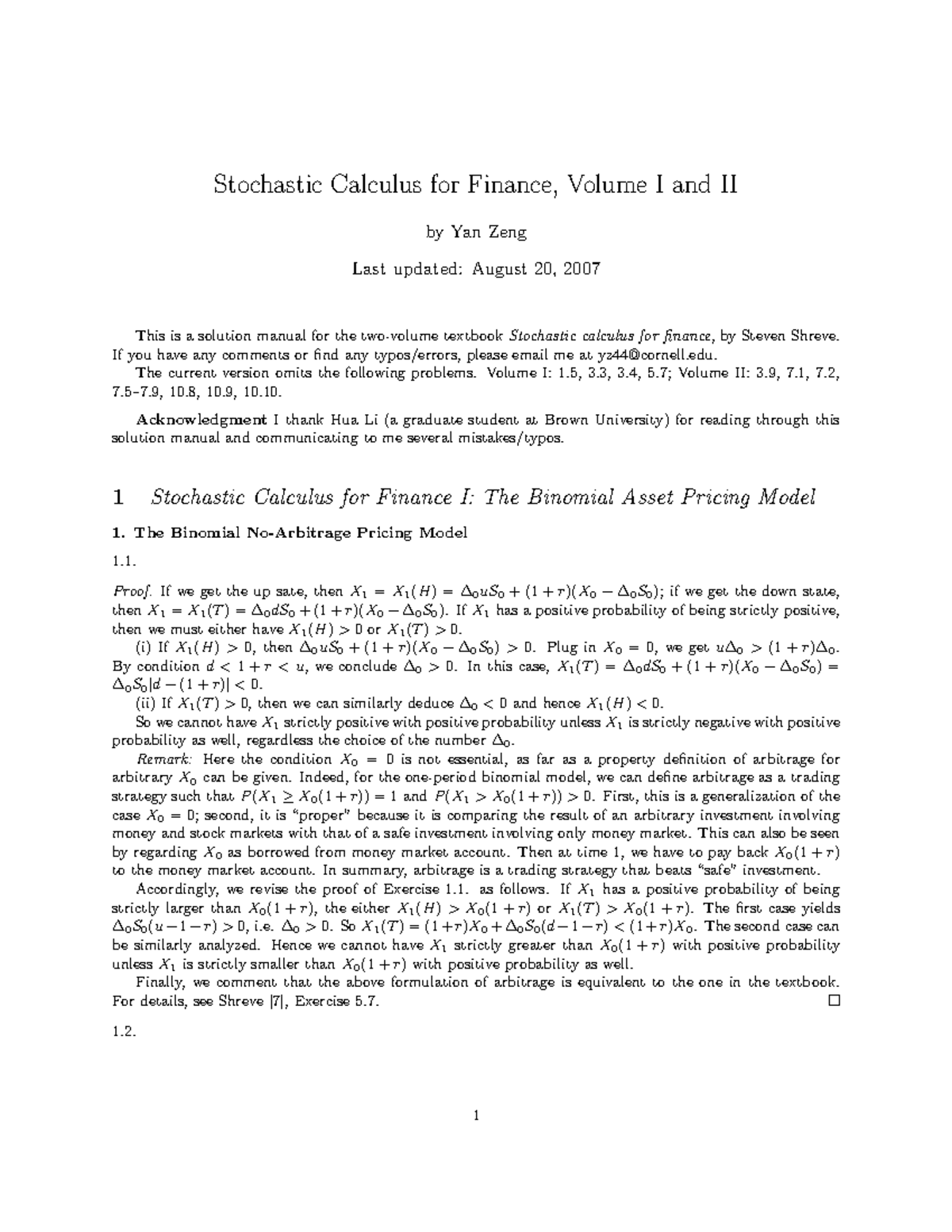 Yan Zeng - Solutions to Stochastic Calculus for Finance, Vol. I