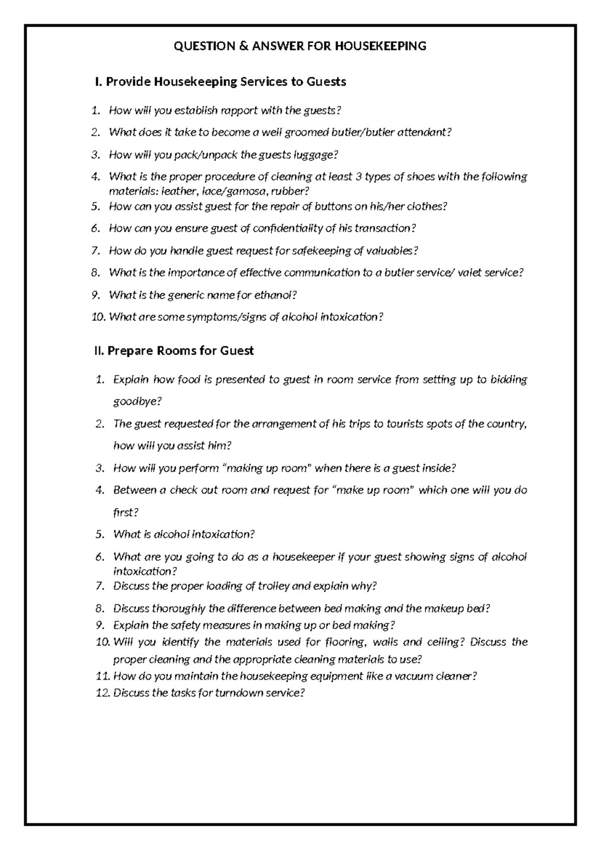 Housekeeping I: Q&A for Guest Services & Room Preparation - Studocu