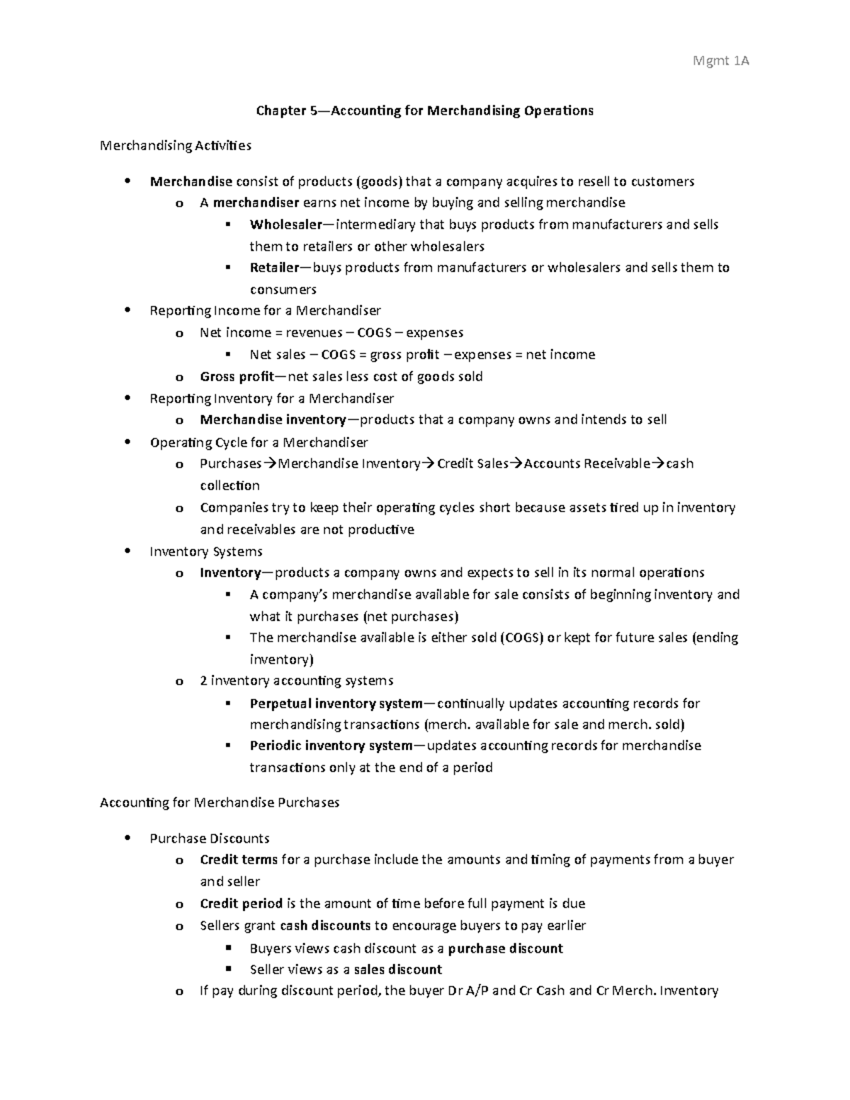 Mgmt 1A Chapter 5 Notes: Overview of Accounting for Merchandising Ops ...