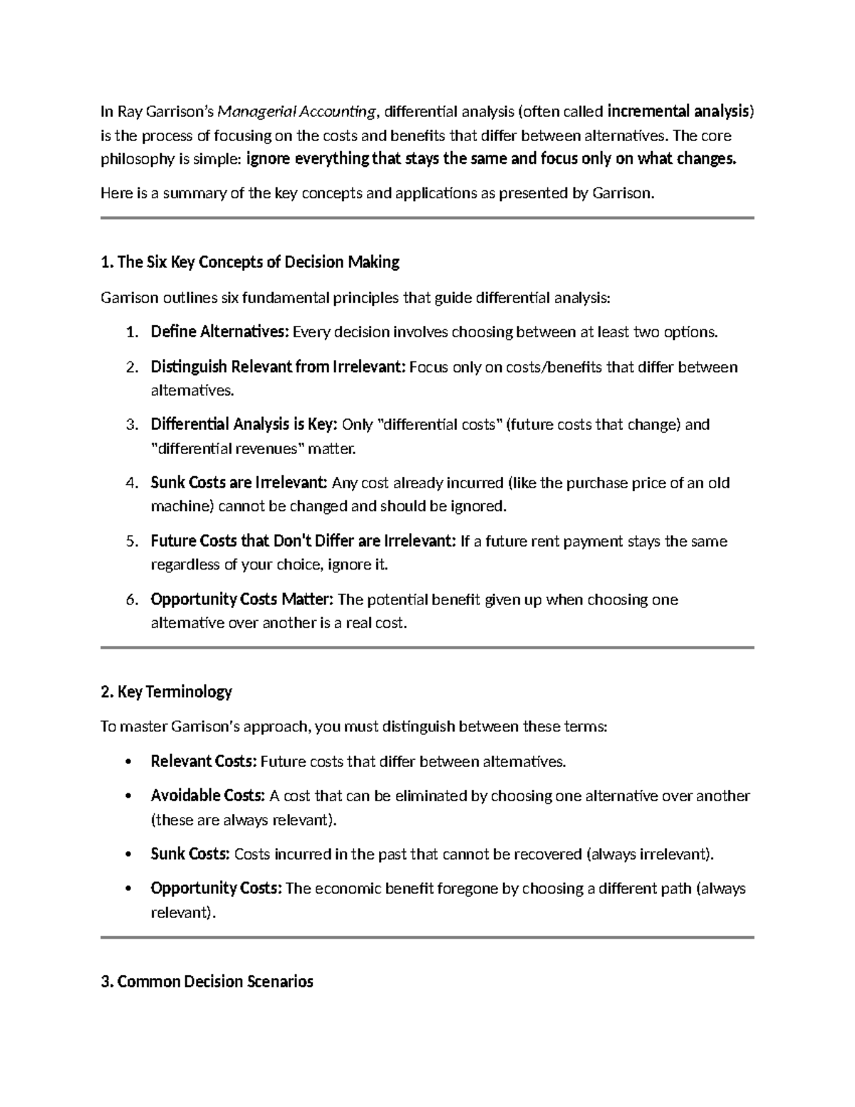 Differential Analysis Summary for Managerial Accounting (ACCT 101 ...