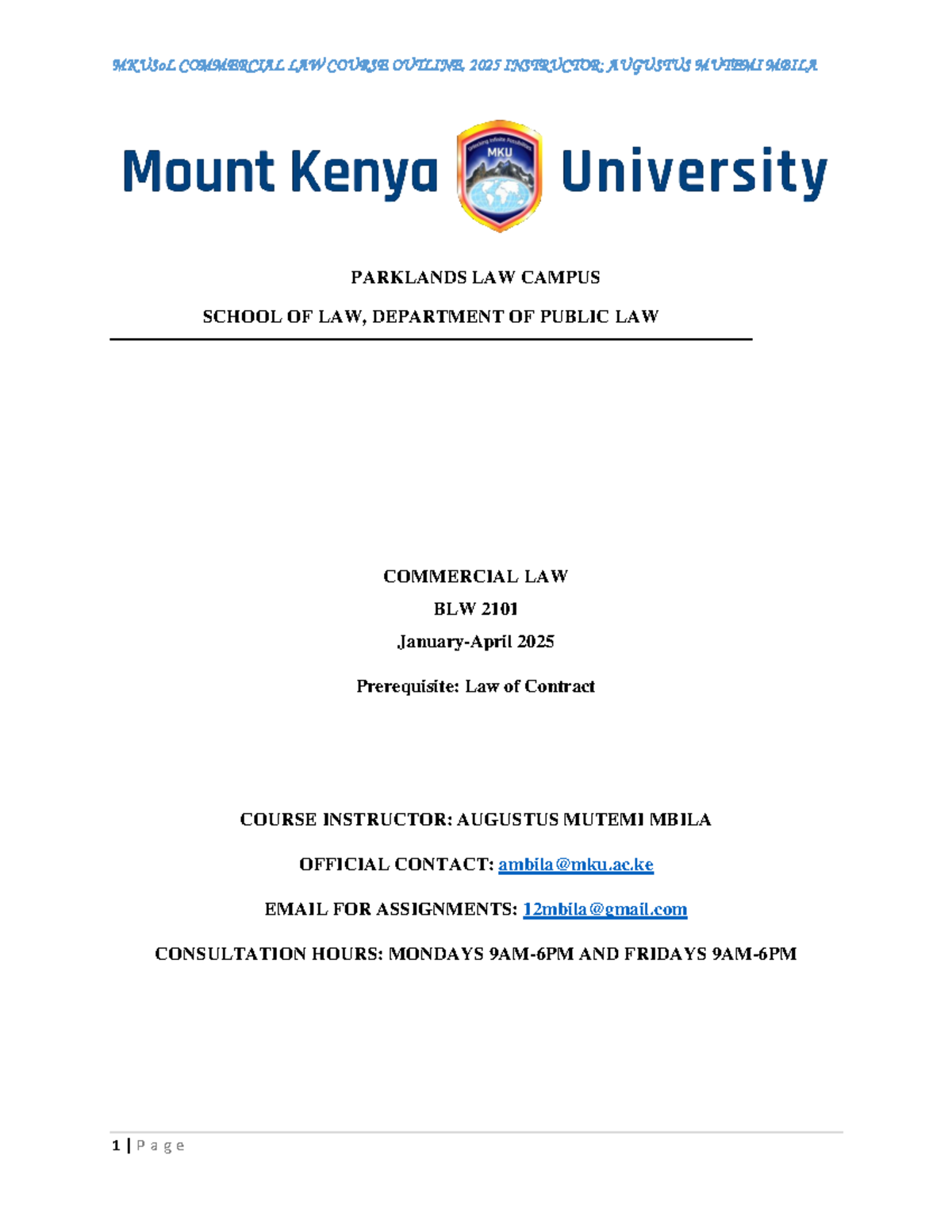 Commercial Law Course Outline, January-April 2025 - PARKLANDS LAW ...