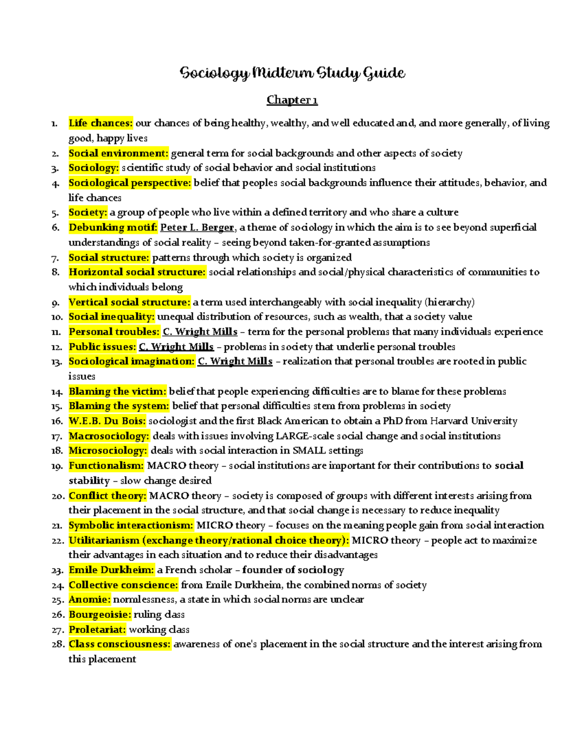 Sociology 101 Midterm Study Guide: Key Concepts and Terms - Studocu