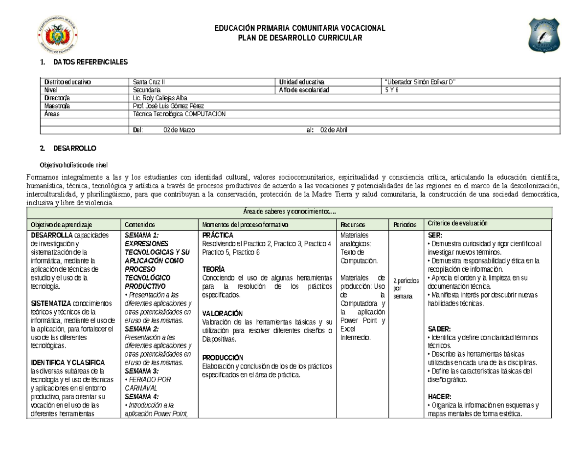 5Y6 SEC PDC Marzo: Plan de Desarrollo Curricular en Computación - Studocu