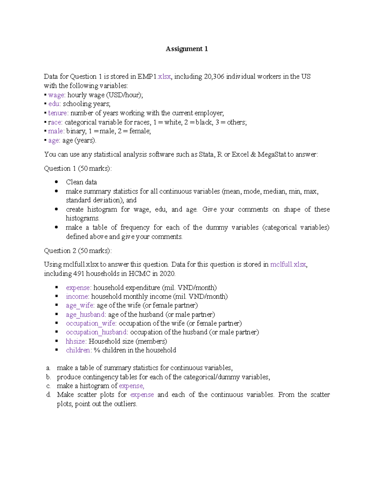 Assignments for SB - Statistics of Business - Assignment 1 Data for ...