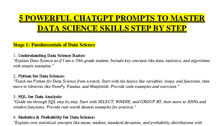 Mastering Data Science Skills: 5 Key ChatGPT Prompts Step-by-Step - Studocu